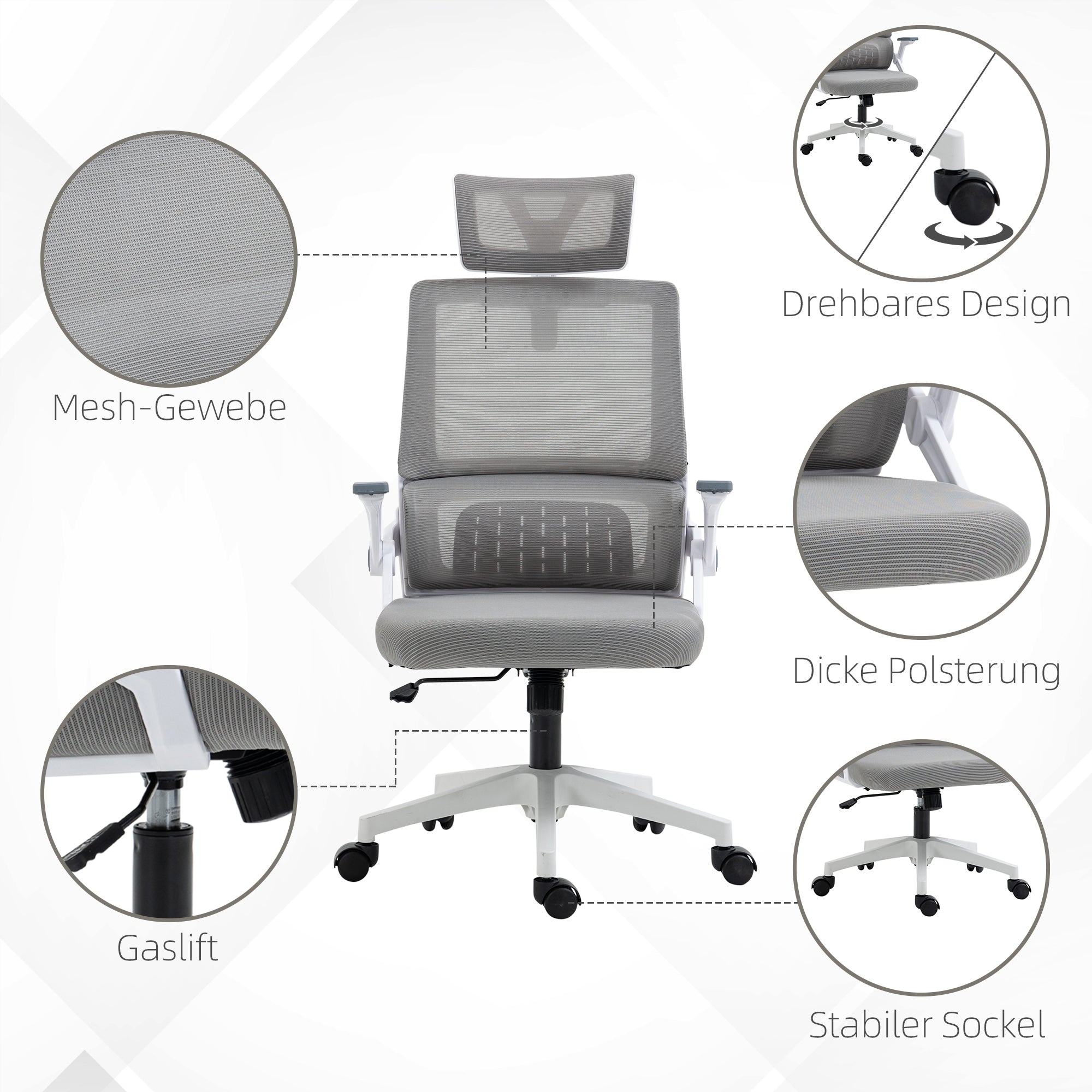 Office Chair Ergonomic Swivel, Adjustable Headrest, Armrests & Lumbar Support, Mesh