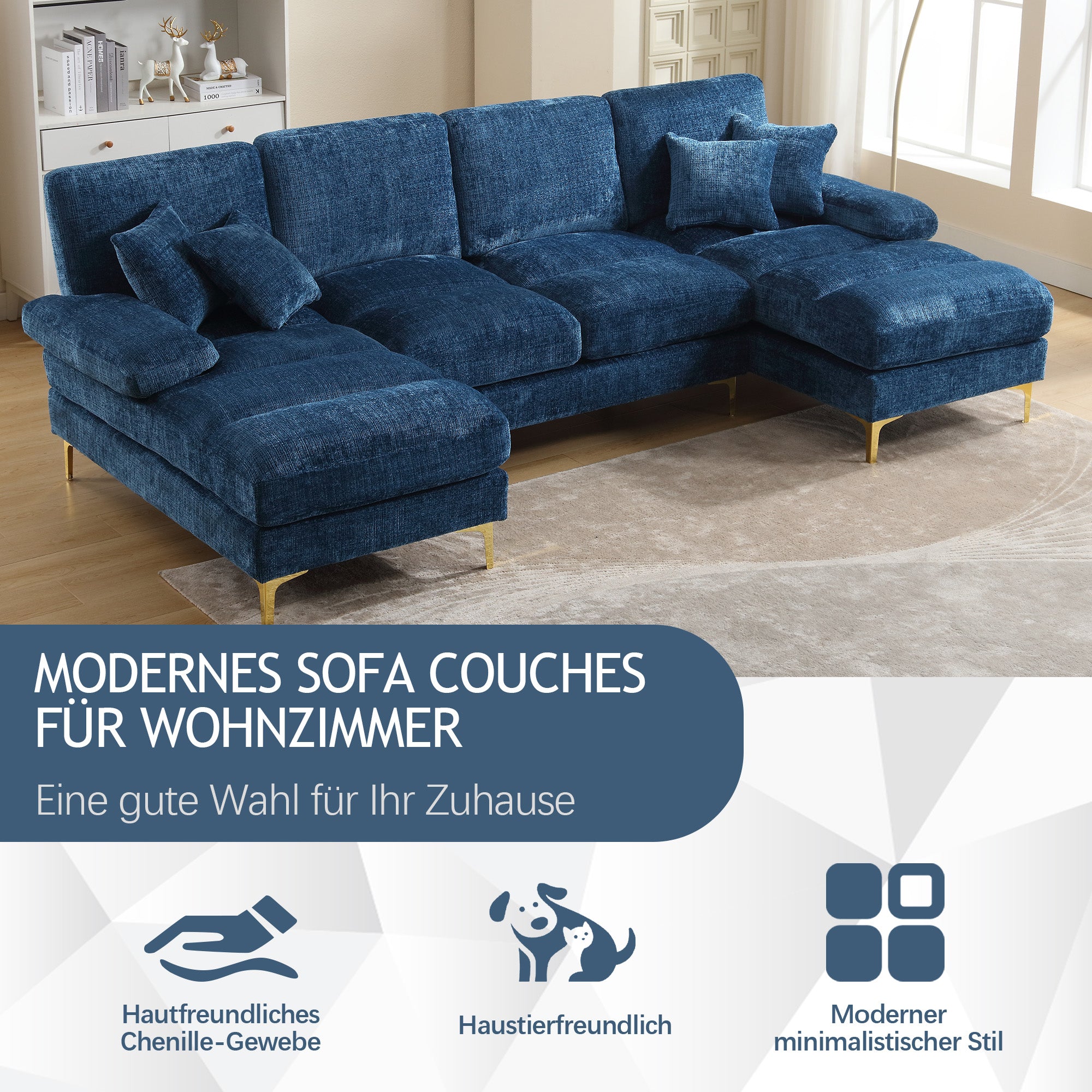 Sectional Sofa, Modern Large U-Shape with Double Reclining Seats, Chenille