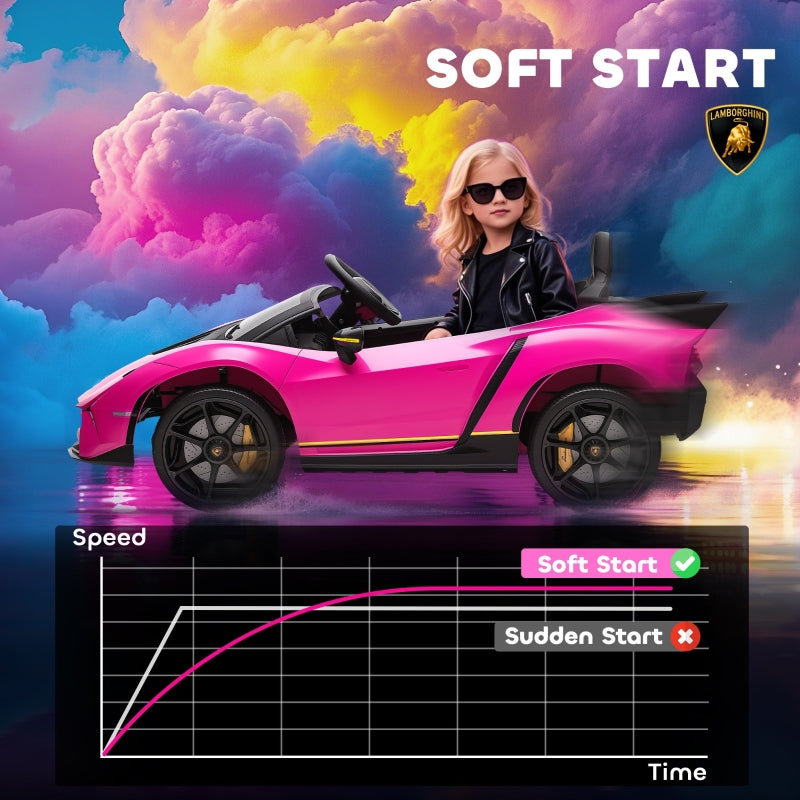 12V Lamborghini Autentica Kids Electric Car with Remote Control, 4 Suspension Wheels, Soft Start, Pink