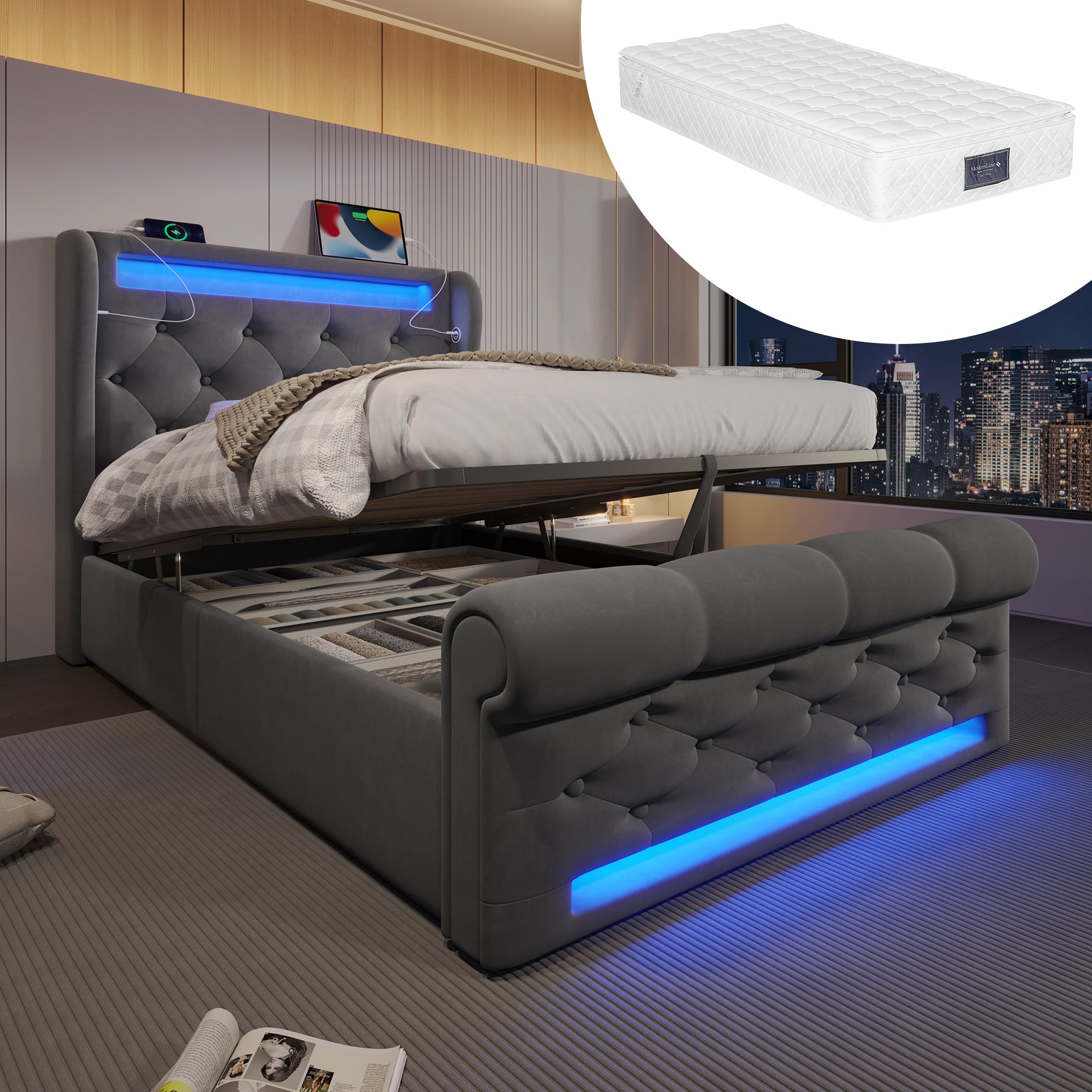 Upholstered Single Bed 90x200cm LED Headboard USB Hydraulic Storage Grey Velvet