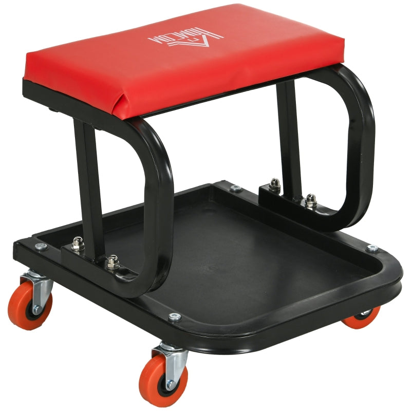 Workshop Stool, Rolling 360° Swivel Padded Seat Tool Tray, Red