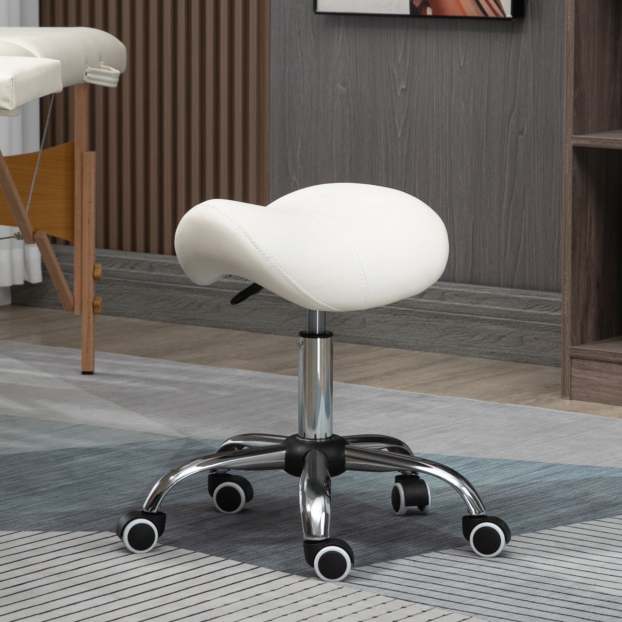 Cosmetic Stool, 360° Rotate Height Adjustable Hydraulic Rolling Saddle Chair, Faux Leather Cream