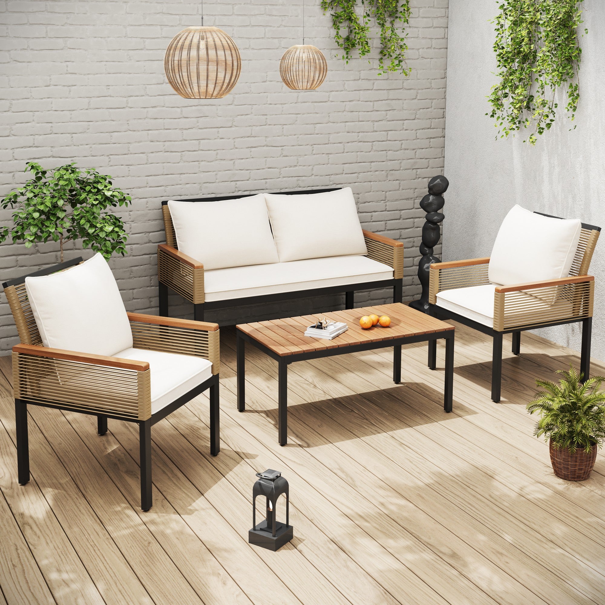 Garden Lounge Set with Double Sofa and 2 Armchairs, Rattan Beige