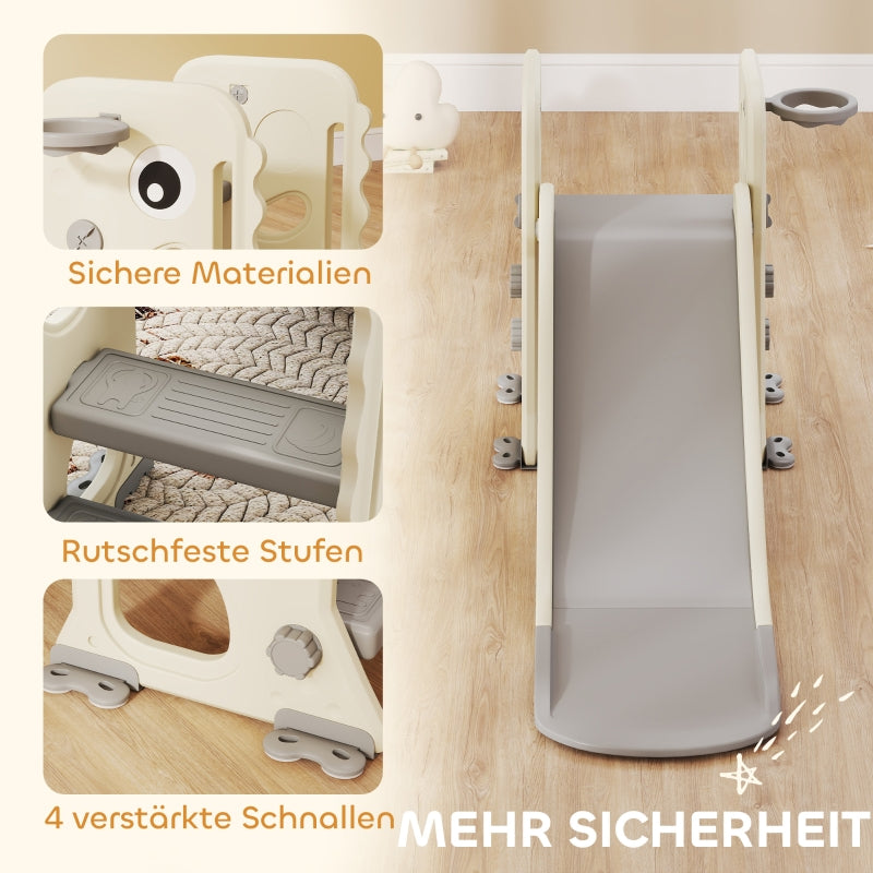 AIYAPLAY 3-in-1 Kids Slide with Climbing Frame, Basketball Hoop and Ball, Foldable Indoor Toddler Slide