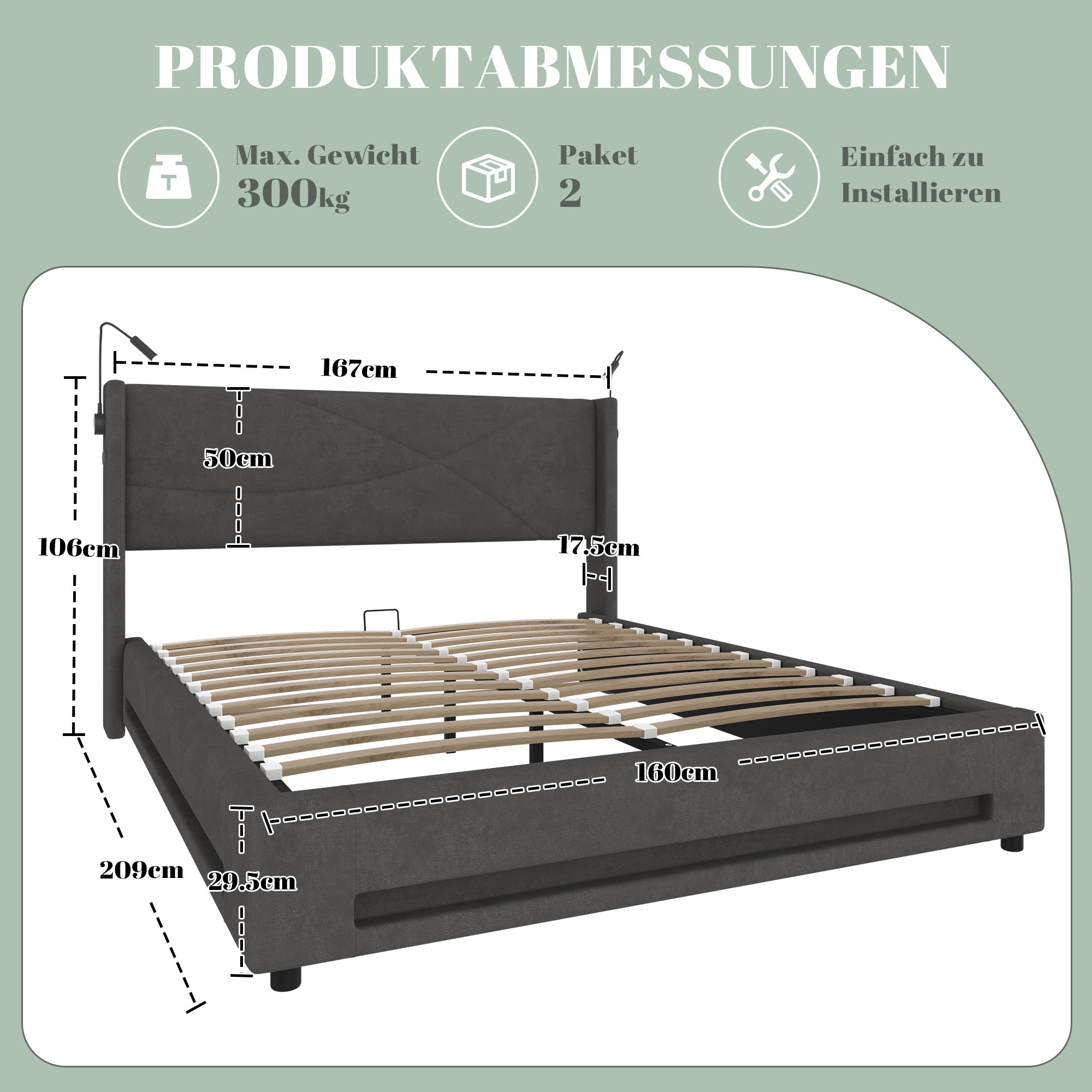 Bed Frame, Modern Design 160x200cm, Hydraulic Storage, LED Lights, USB Ports