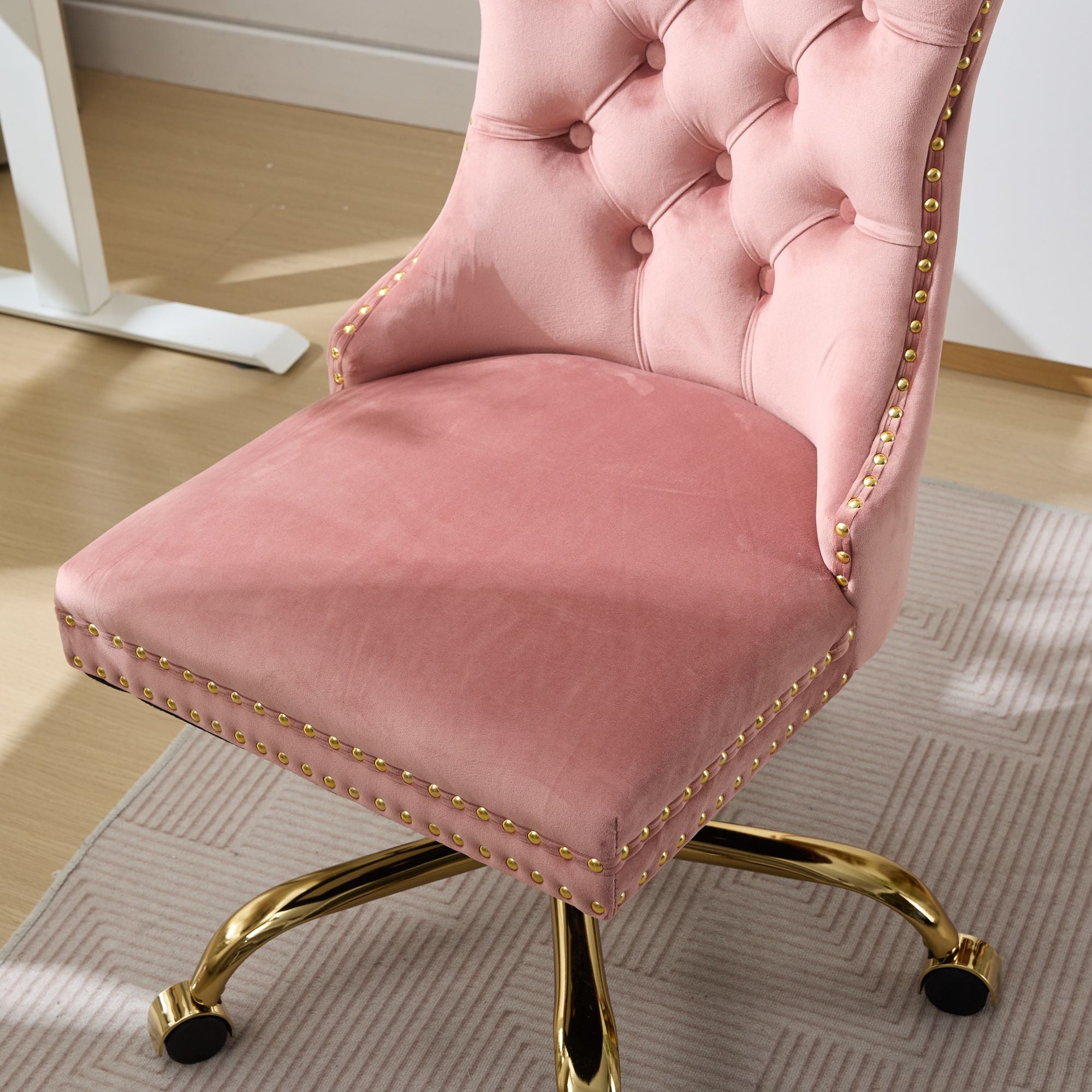 Home Office Chair Modern Velvet Upholstered Tufted Button Adjustable Swivel Golden Base - Pink