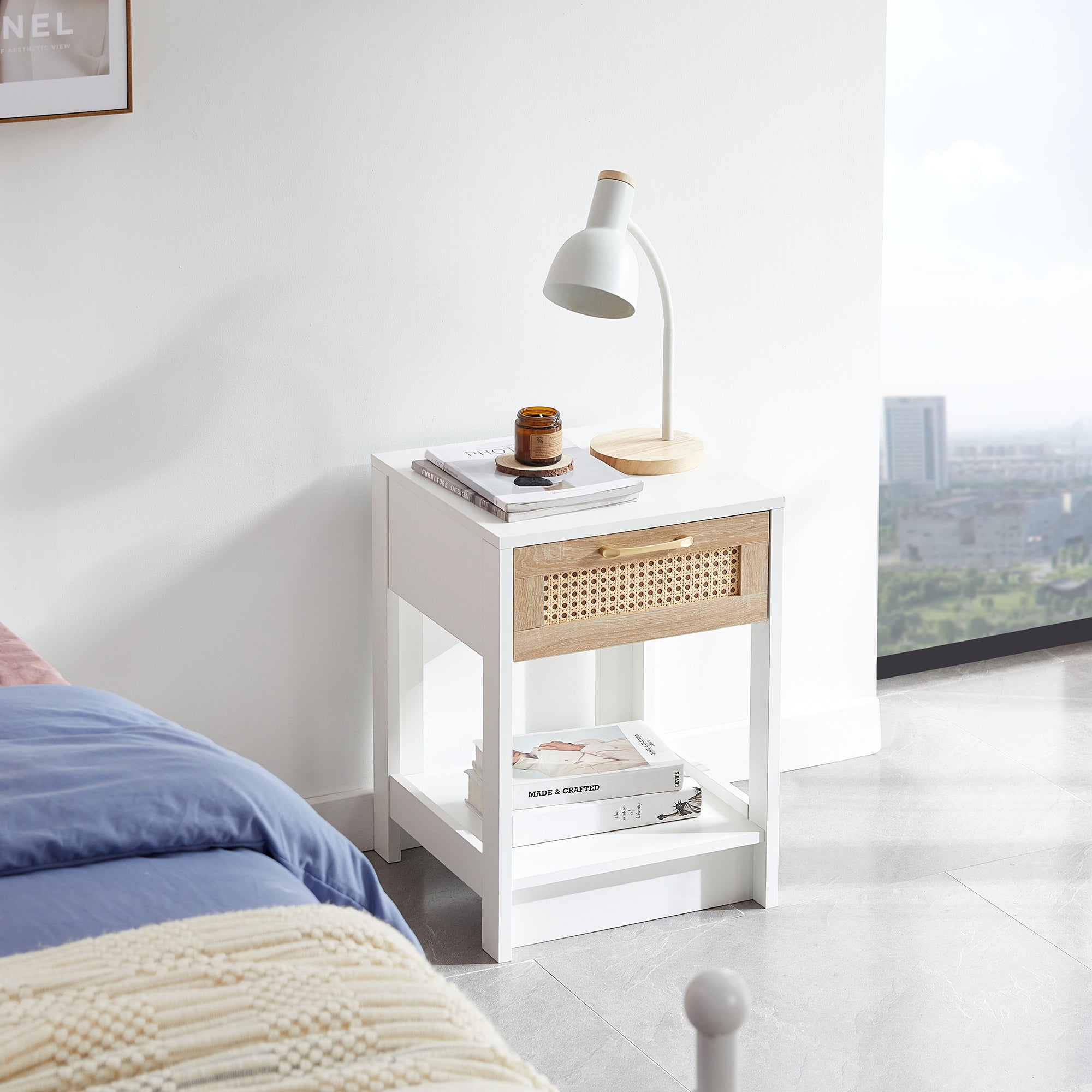Rattan Side/Bedside Table with Drawer Modern - White