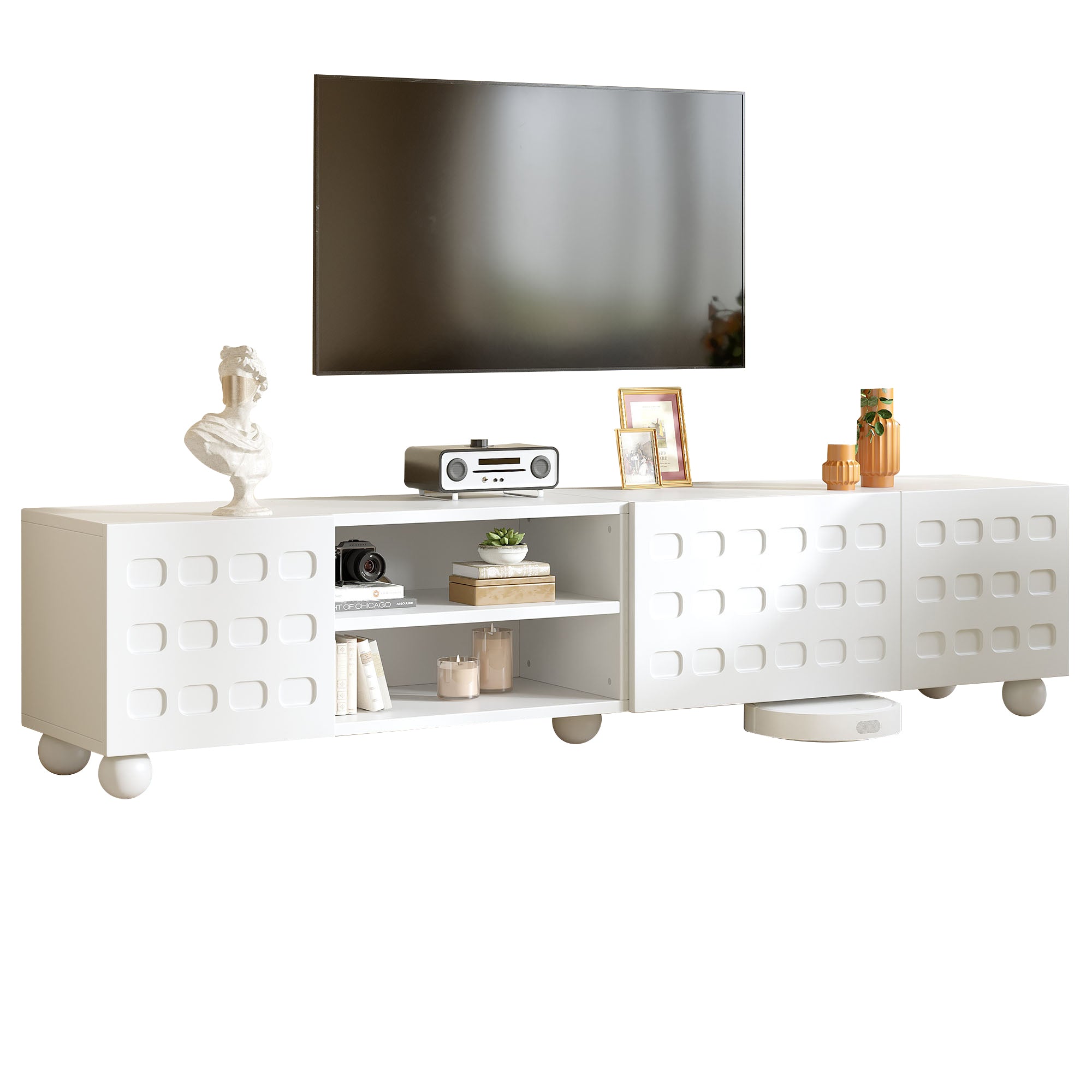 TV Cabinet 200x40x44cm, 3-Door, Printed Design, for up to 80-inch TVs, White