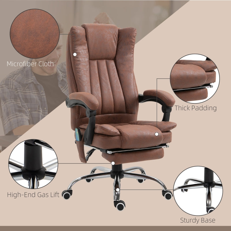 Office Chair, Massage Heat Reclining Footrest Adjustable Height Swivel, Brown Microfibre