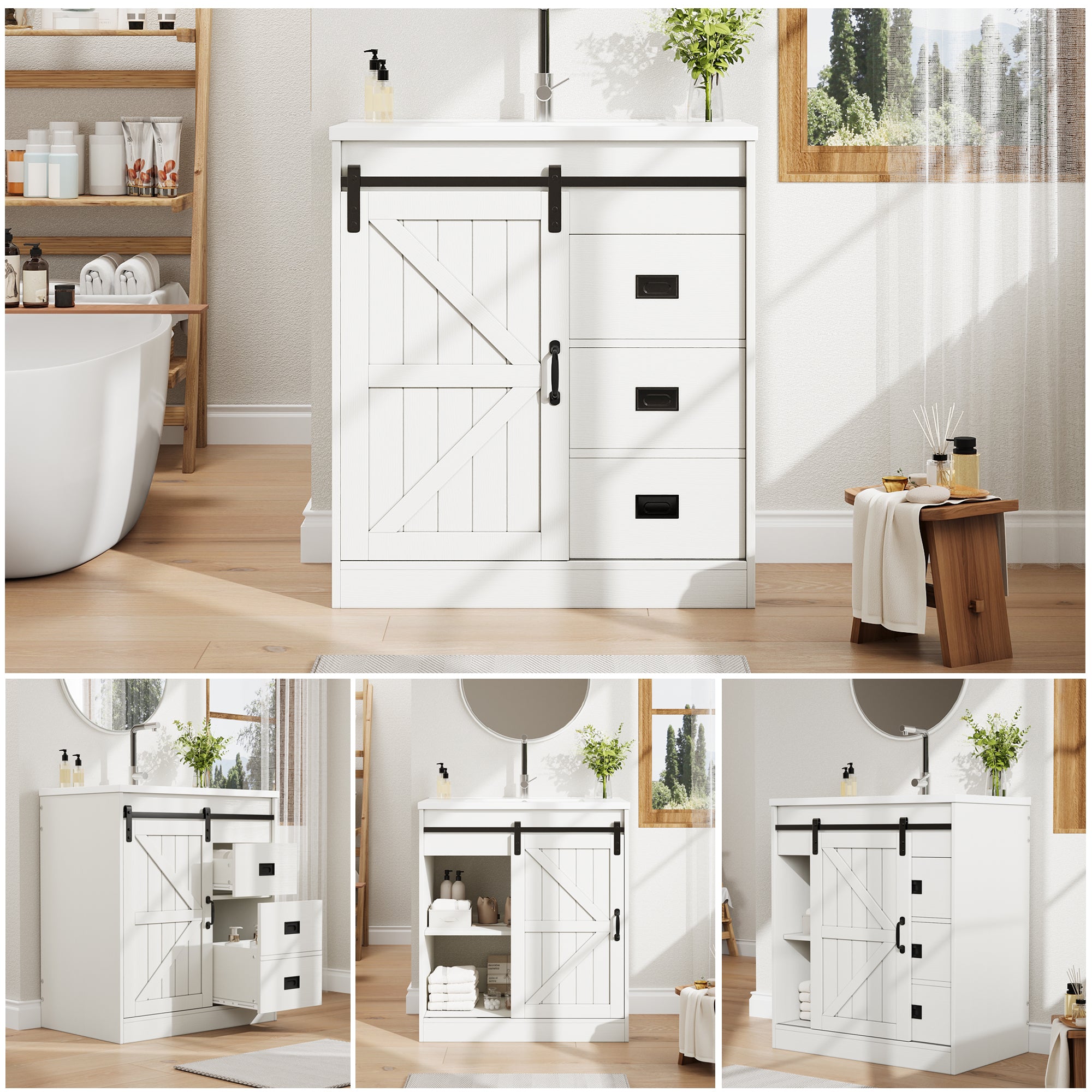 Bathroom Vanity Unit with Ceramic Sink and Barn Door Storage, White