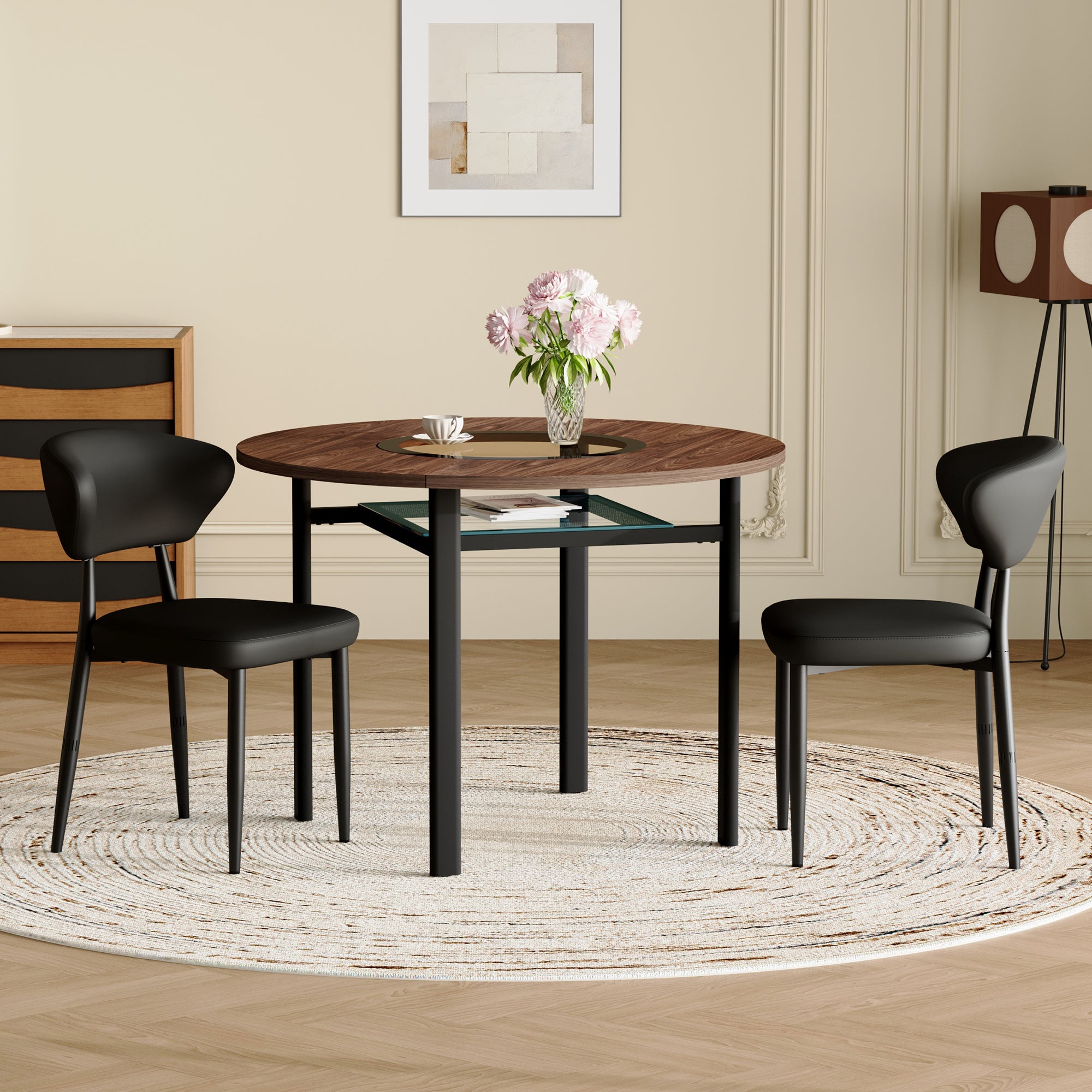 Modern Minimalist Round Table Set, 100cm Wood Look with 2 Armchairs, Black PU Leather