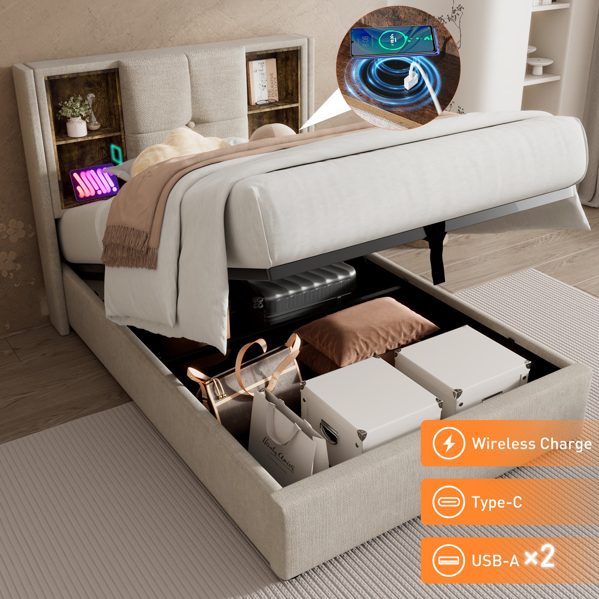 Single Bed, 90x200cm Upholstered with Wireless USB-C Charging, Storage & Wood Slats, Natural Linen