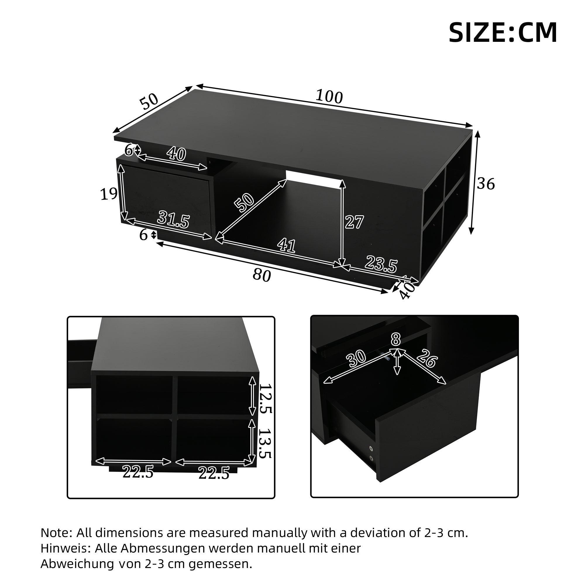 Coffee Table 100x50x36cm High-Gloss LED with Drawer Side Storage Black
