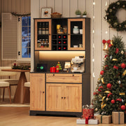 Tall Kitchen Storage Cabinet with LED Lighting and Power Outlet, White and Wood Look