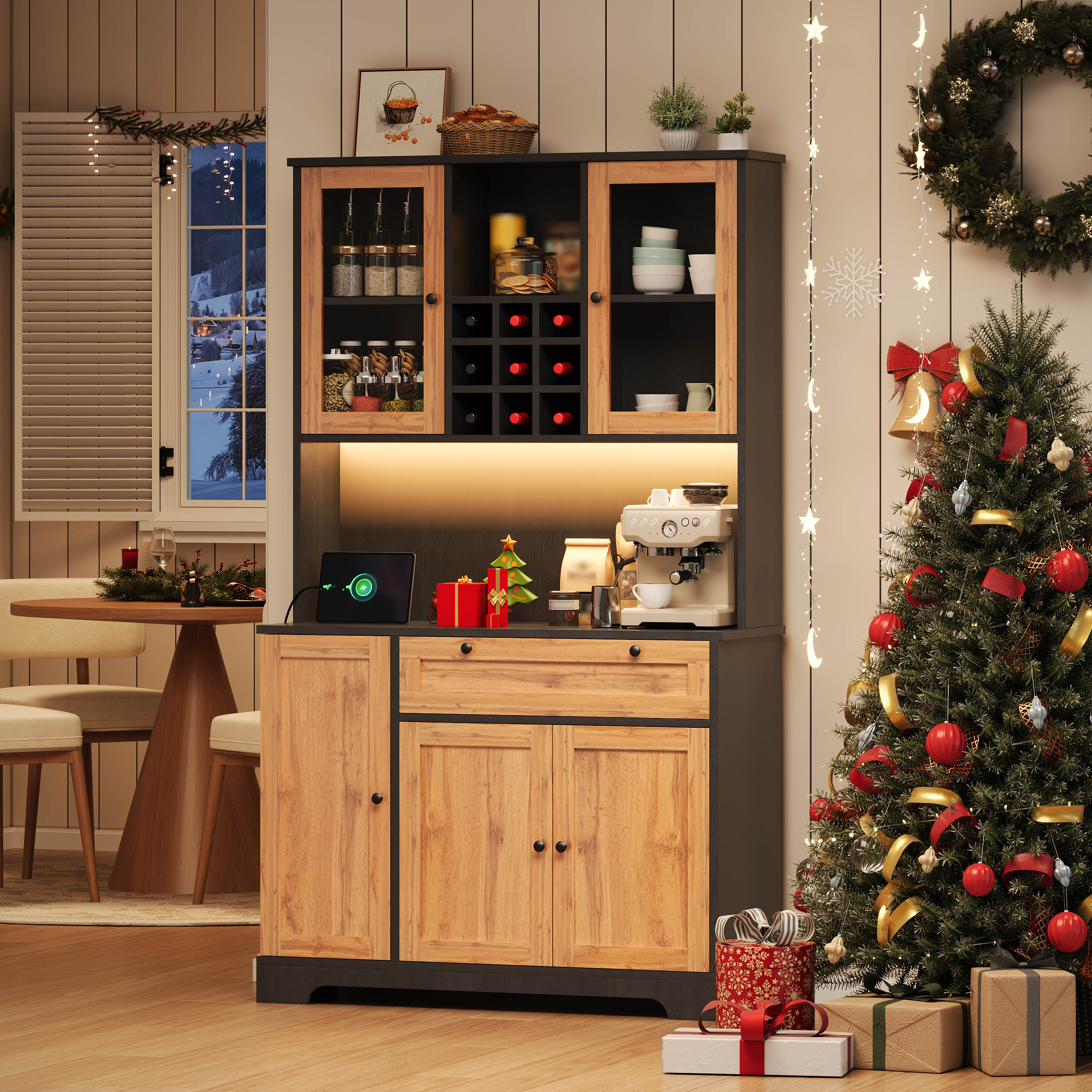 Tall Kitchen Storage Cabinet with LED Lighting and Power Outlet, White and Wood Look