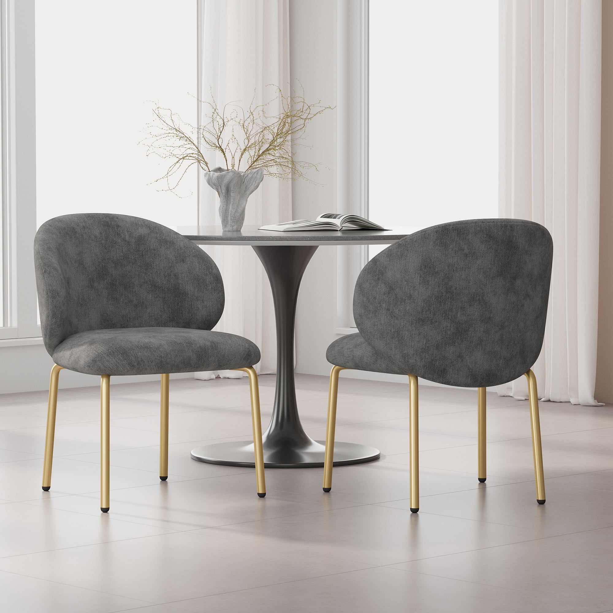 Dining Chairs and Lounge Chairs with Gold Legs, Set of 2, Grey Chenille
