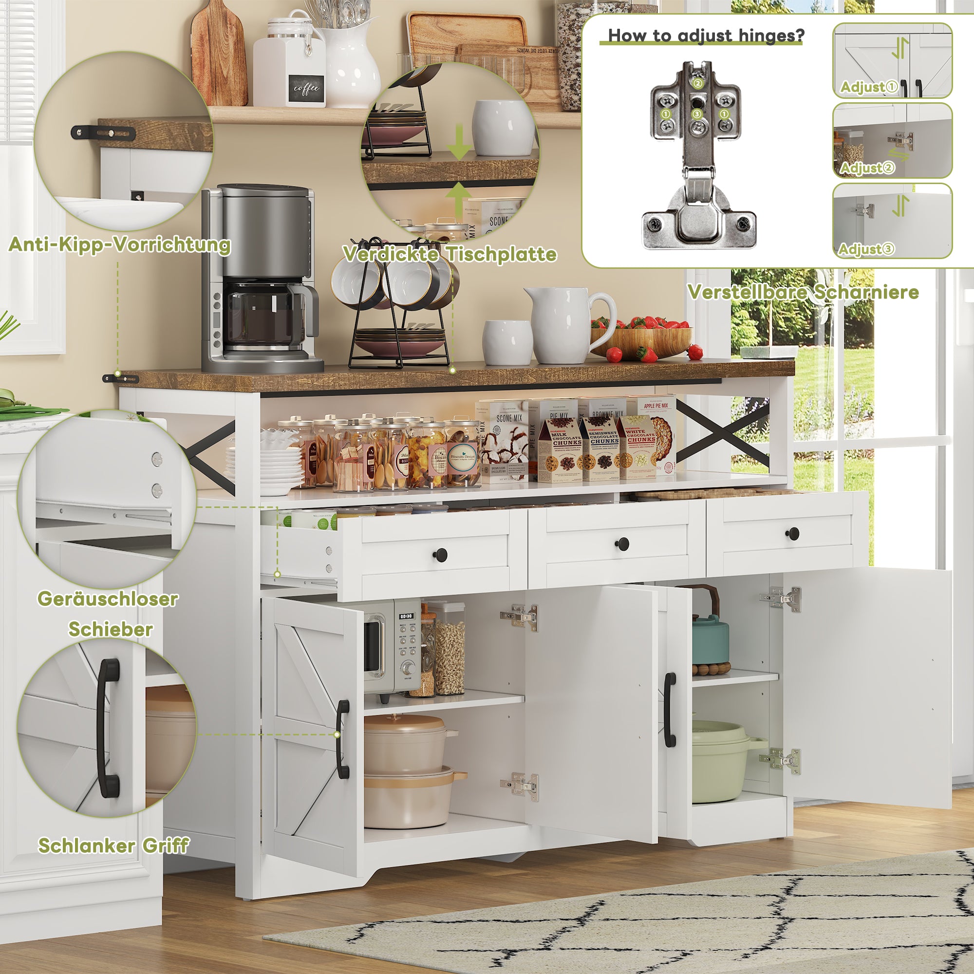 Buffet Sideboard 140cm 3 Drawers Shelves Storage Country Style - White/Brown