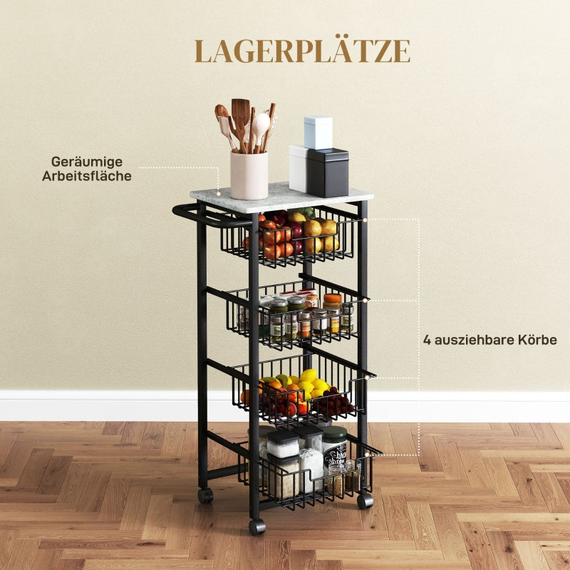 Kitchen Trolley 4-Tier Rolling with 4 Steel Baskets