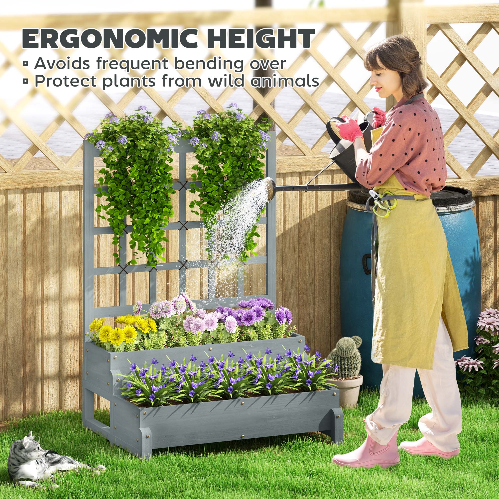 2-Tier Raised Garden Bed, Elevated Planter with Trellis and Drainage, Wooden Grey