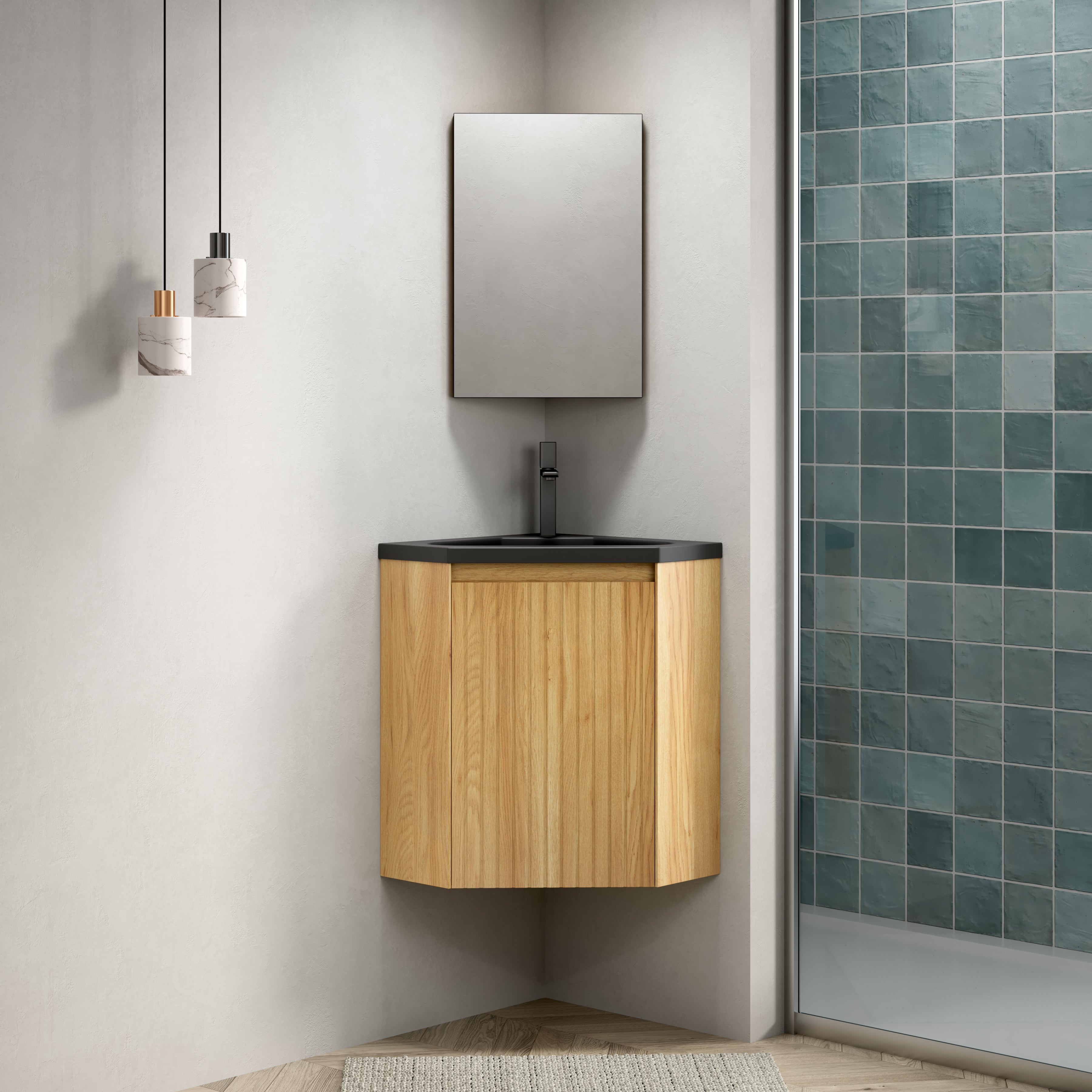 Wall-Mounted Corner Bathroom Vanity Unit with Matte Black Resin Basin, Natural Wood Grain