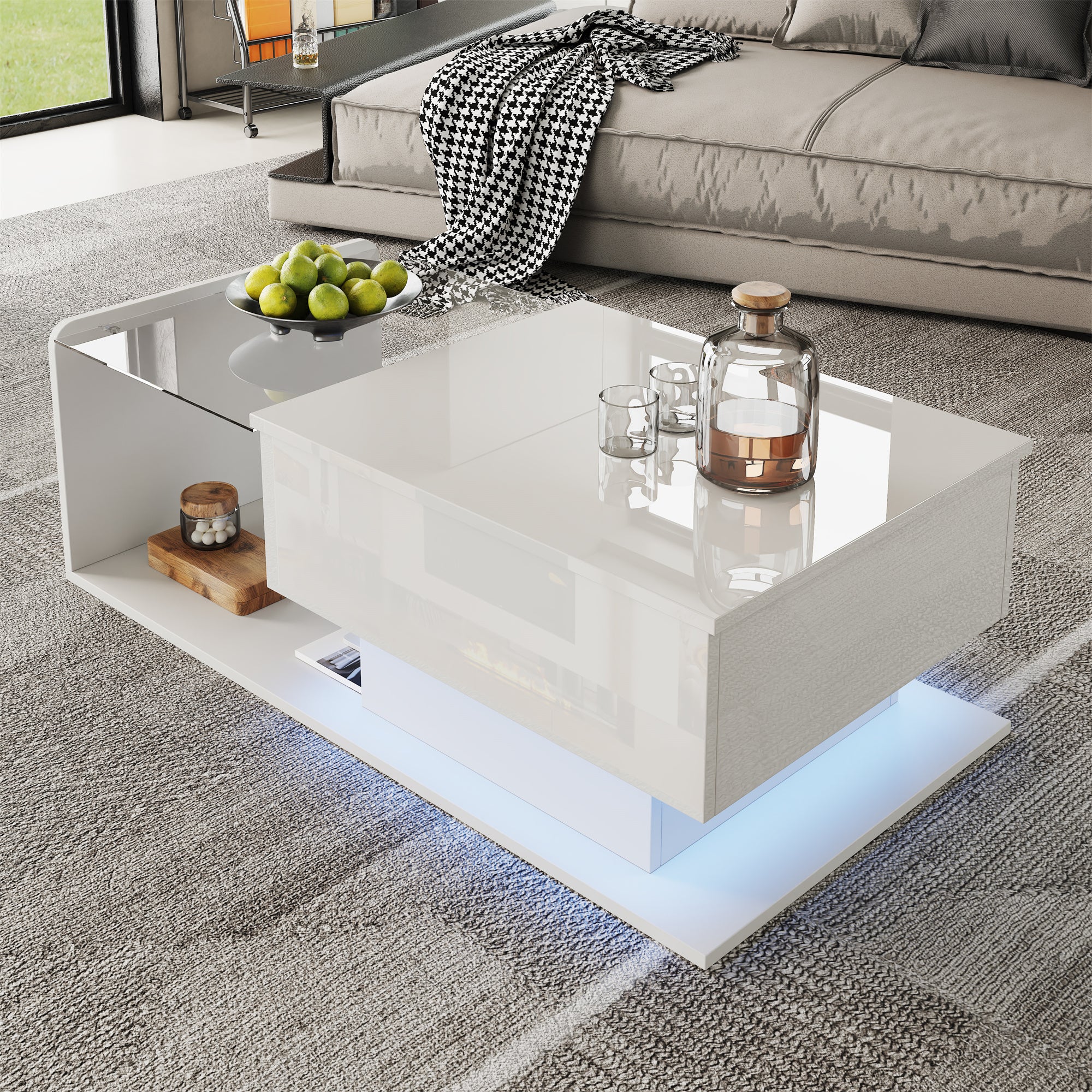 Coffee Table with Glass, LED Effect, and Lift-Top, High-Gloss White