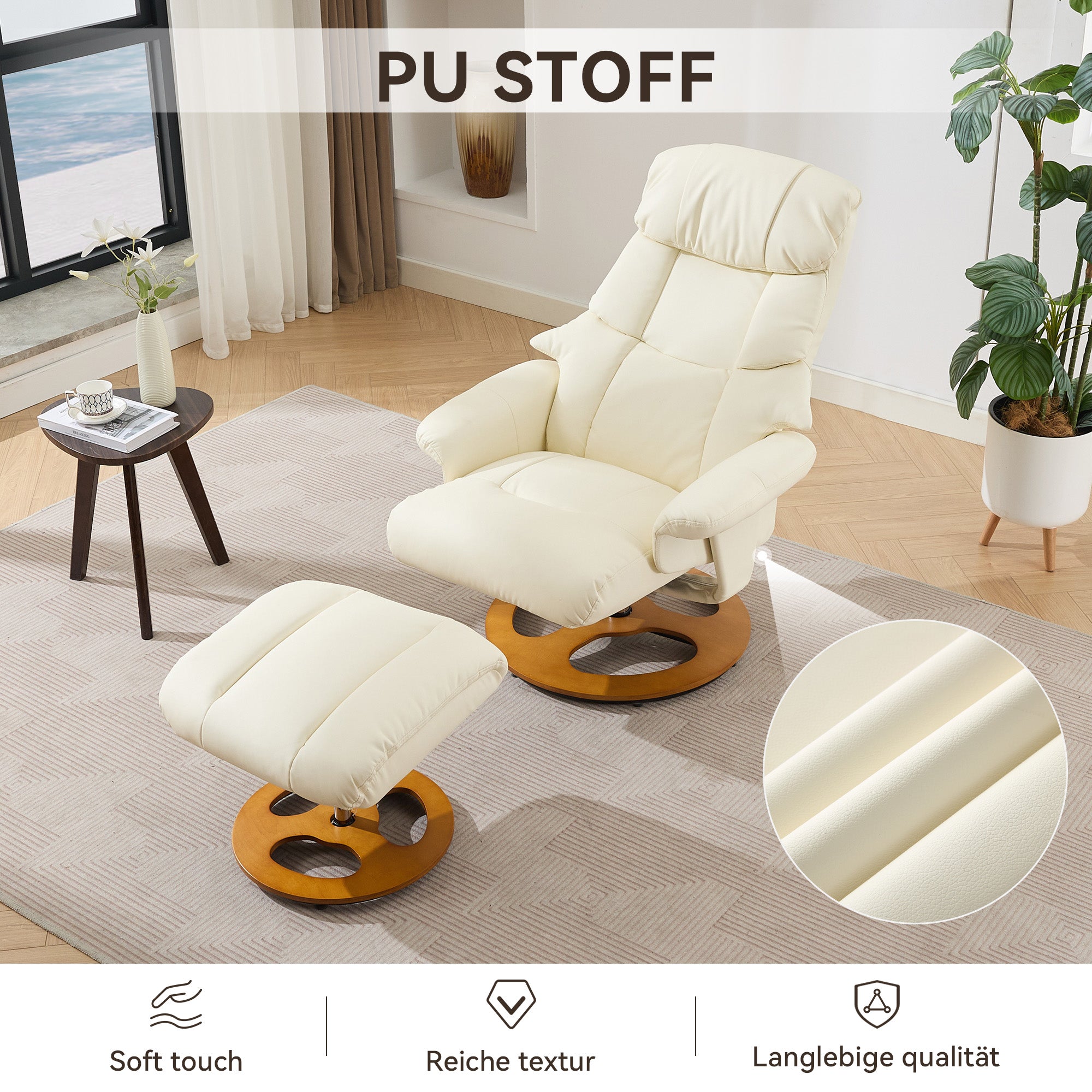 Recliner Chair with Massage, Heat, Reclining, Stool, 360° Rotatable, PU Fabric White