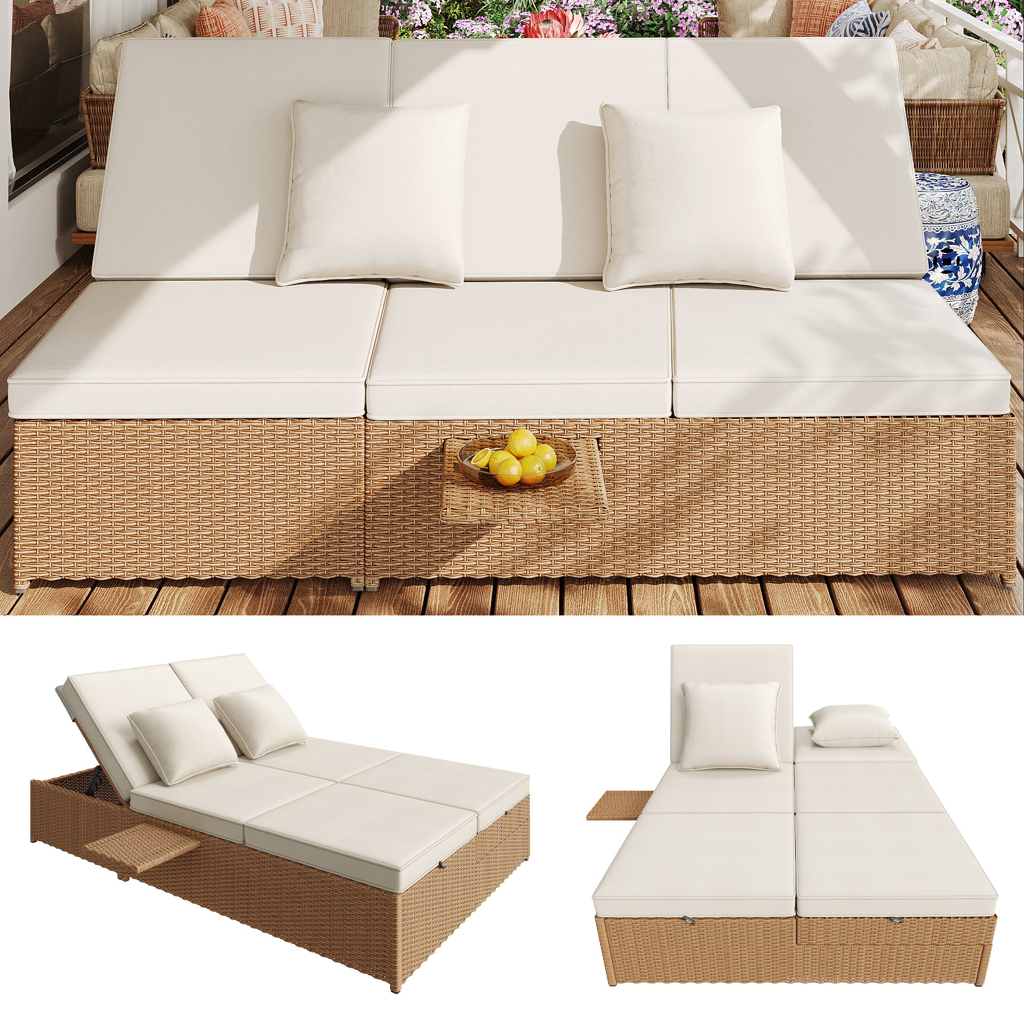 Outdoor Rattan Double Lounger - Foldable Weatherproof with Cushions - White