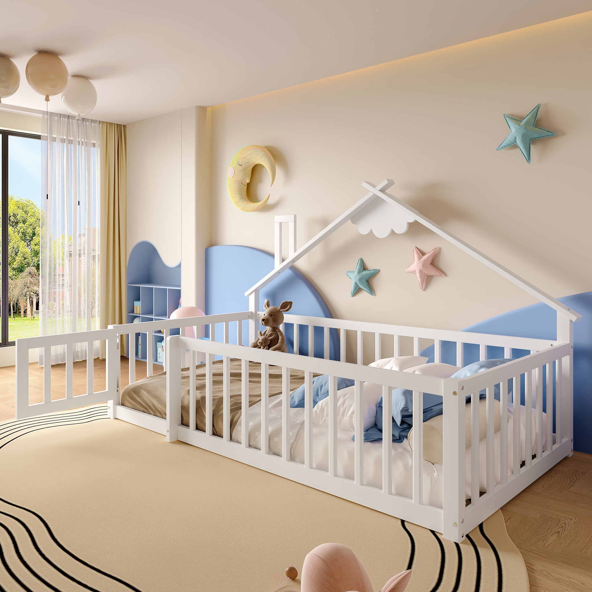 Flatbed 90x190cm House Rail Lock - Pine Wood White