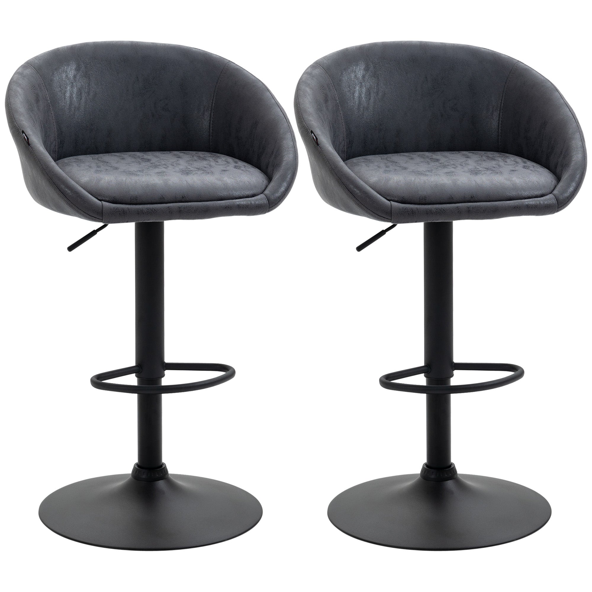 Bar Stools Set of 2, Height-Adjustable with Armrests & Backrest, Faux Leather Grey