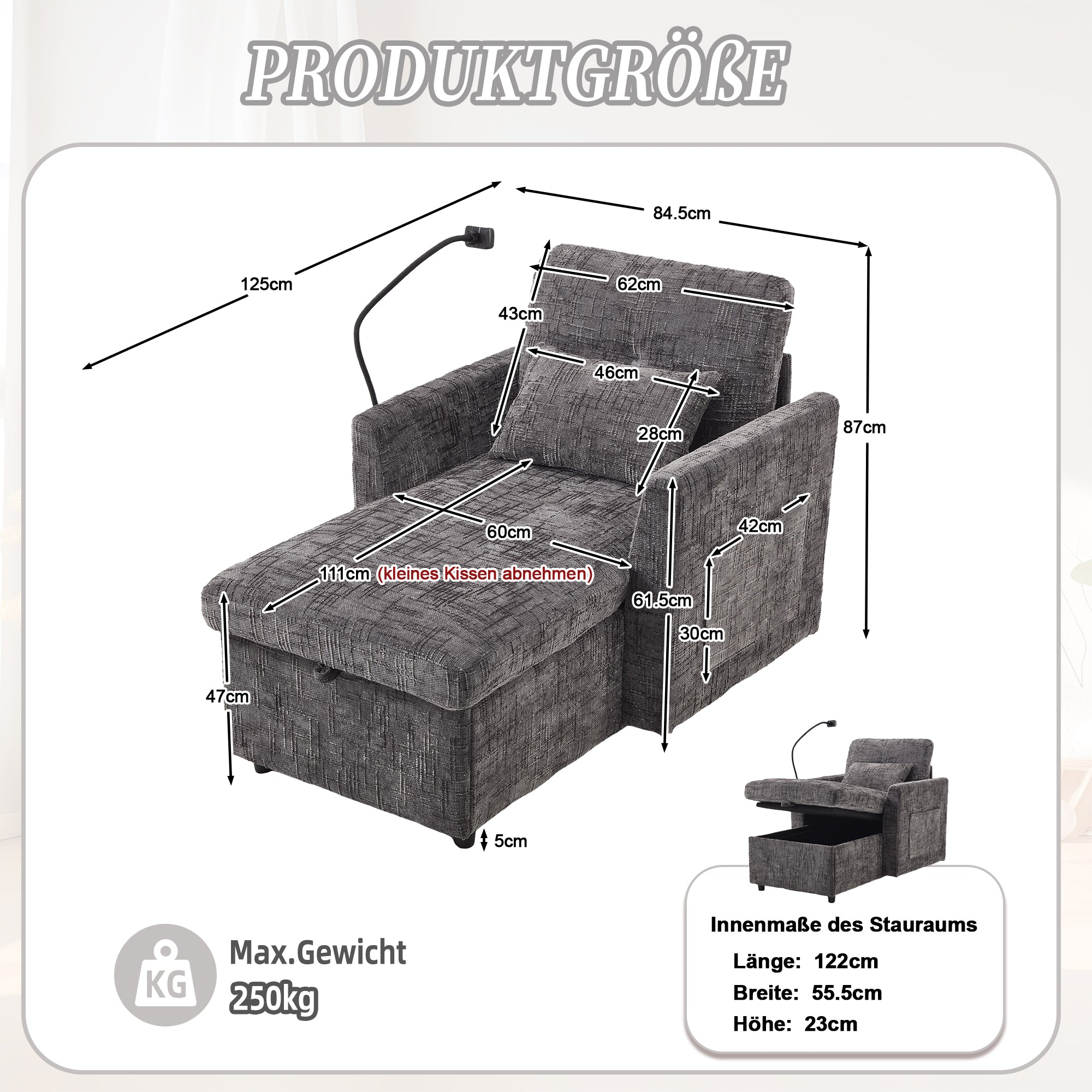 Multifunctional Reclining Sofa, Lounge Chair Mobile Holder, Chenille Armchair