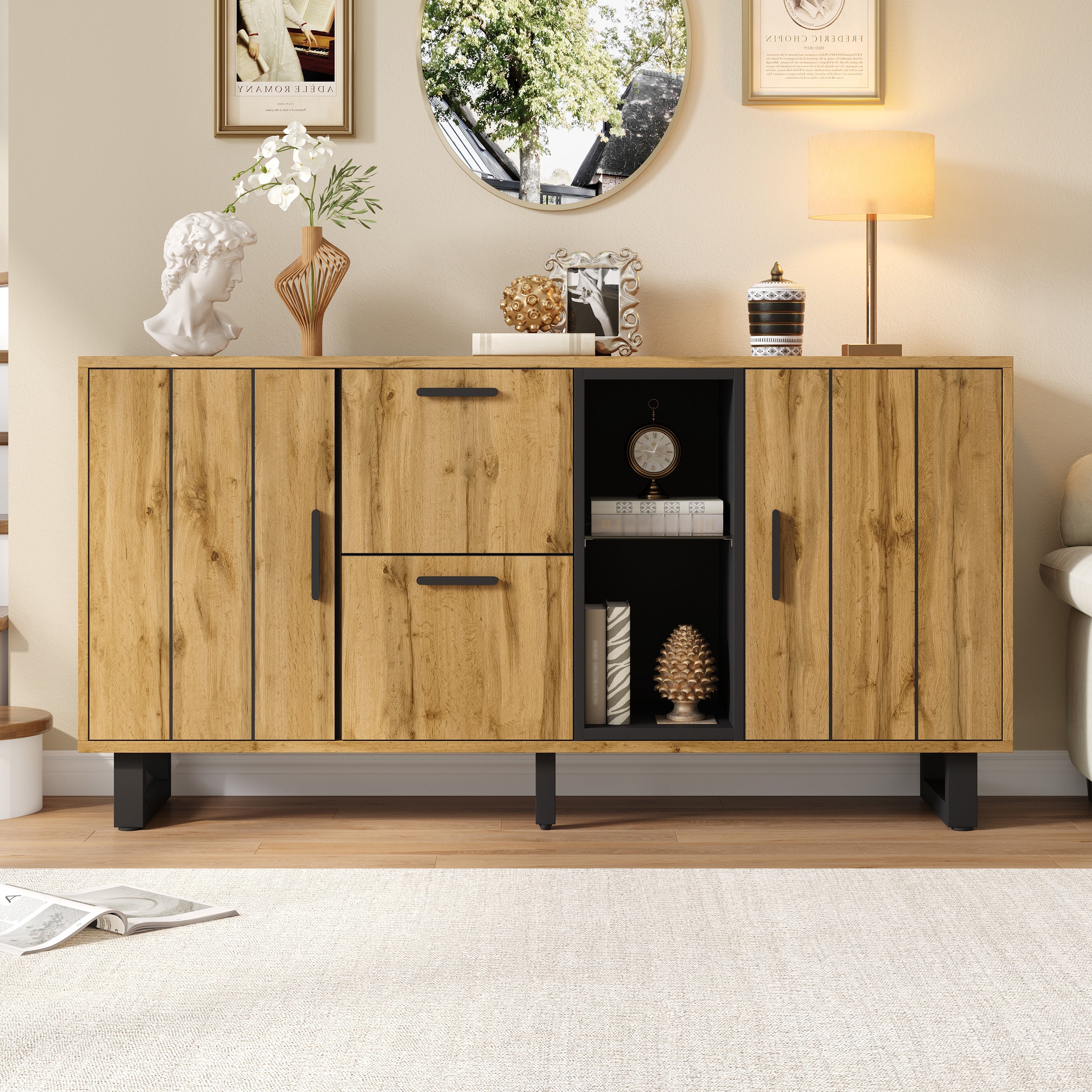 Sideboard 160cm Wide with 2 Drawers LED Light Strip Natural Wood/Black