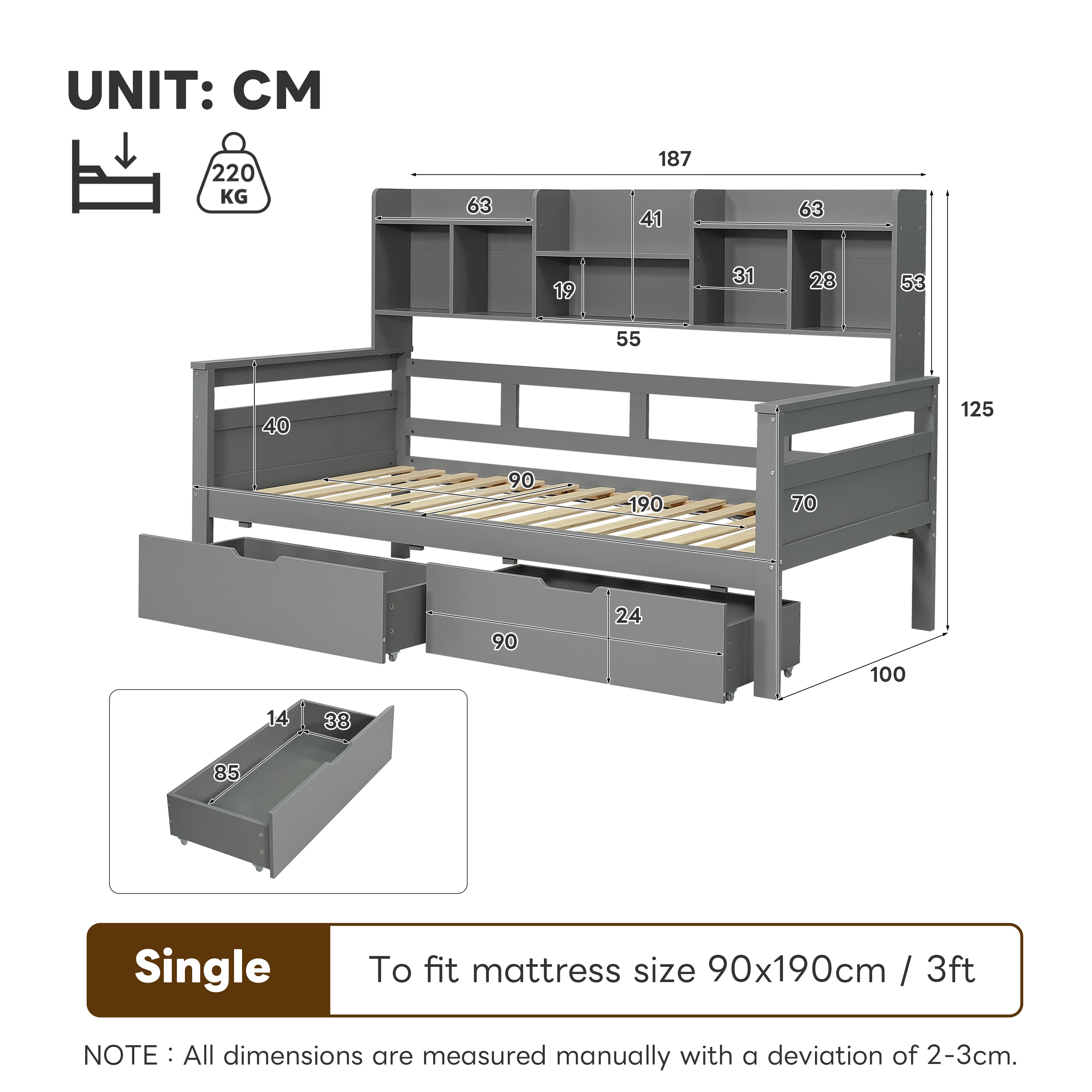 3ft Single Bed with Two Storage Drawers, Bookcase Headboard, and Guardrail, Wooden, Grey