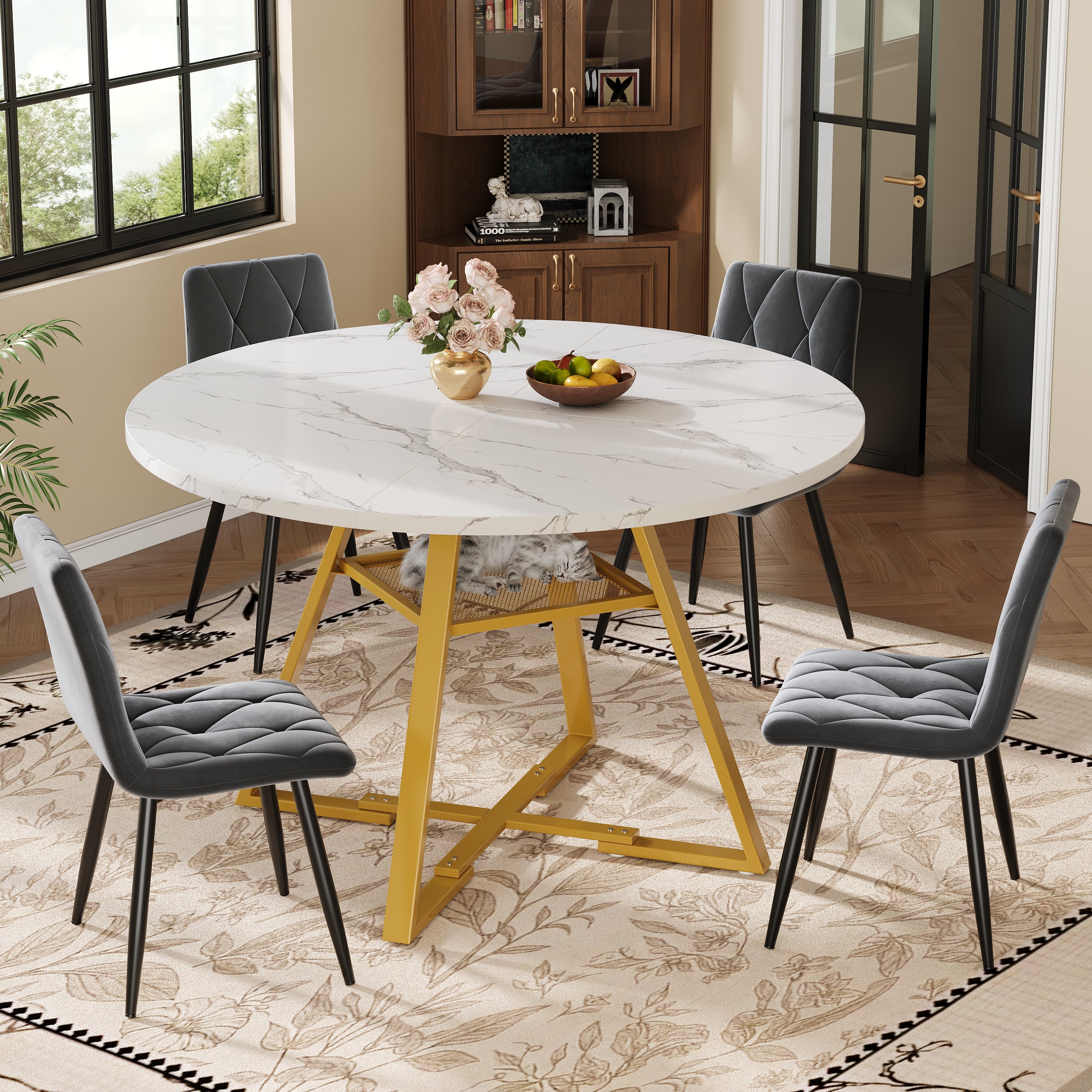 Round Dining Table, Marble Look with Metal Legs, Black/White