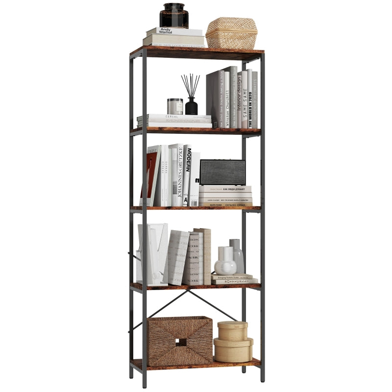 5-Tier Bookshelf Industrial Metal Frame Bookcase Rustic Brown and Black