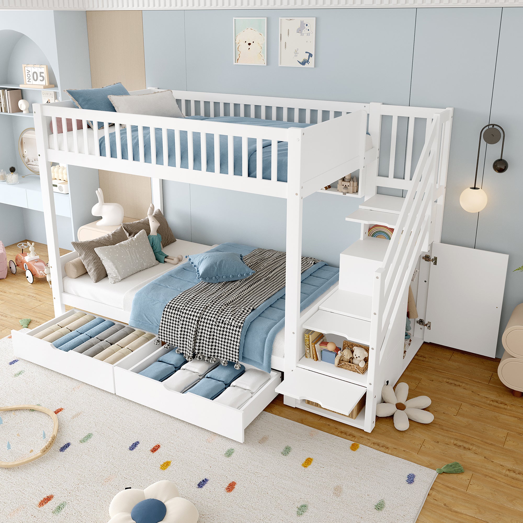 Bunk Bed with Drawer, Shelf, Wardrobe, Storage, 90x200cm, White