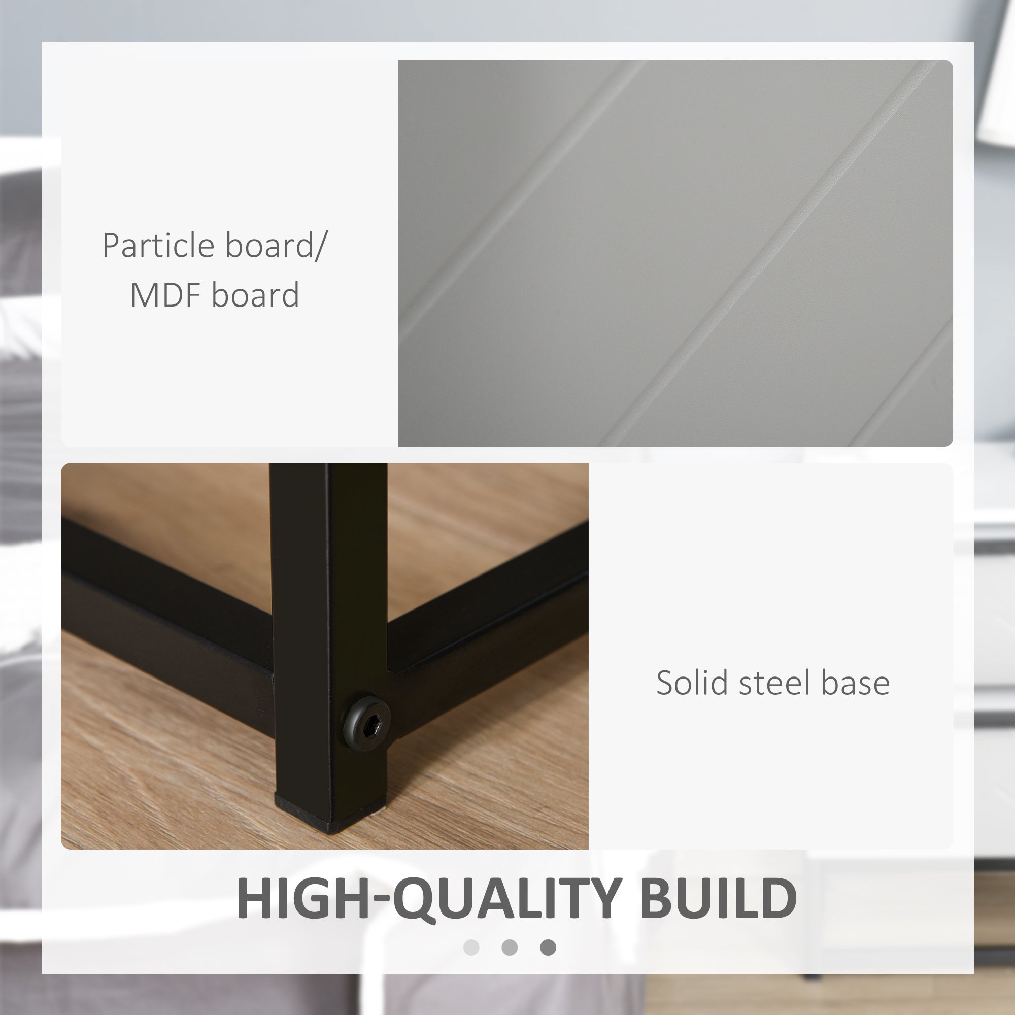 Bedside Cabinet, 2 Drawer Storage Nightstand with Metal Base, Grey/White MDF