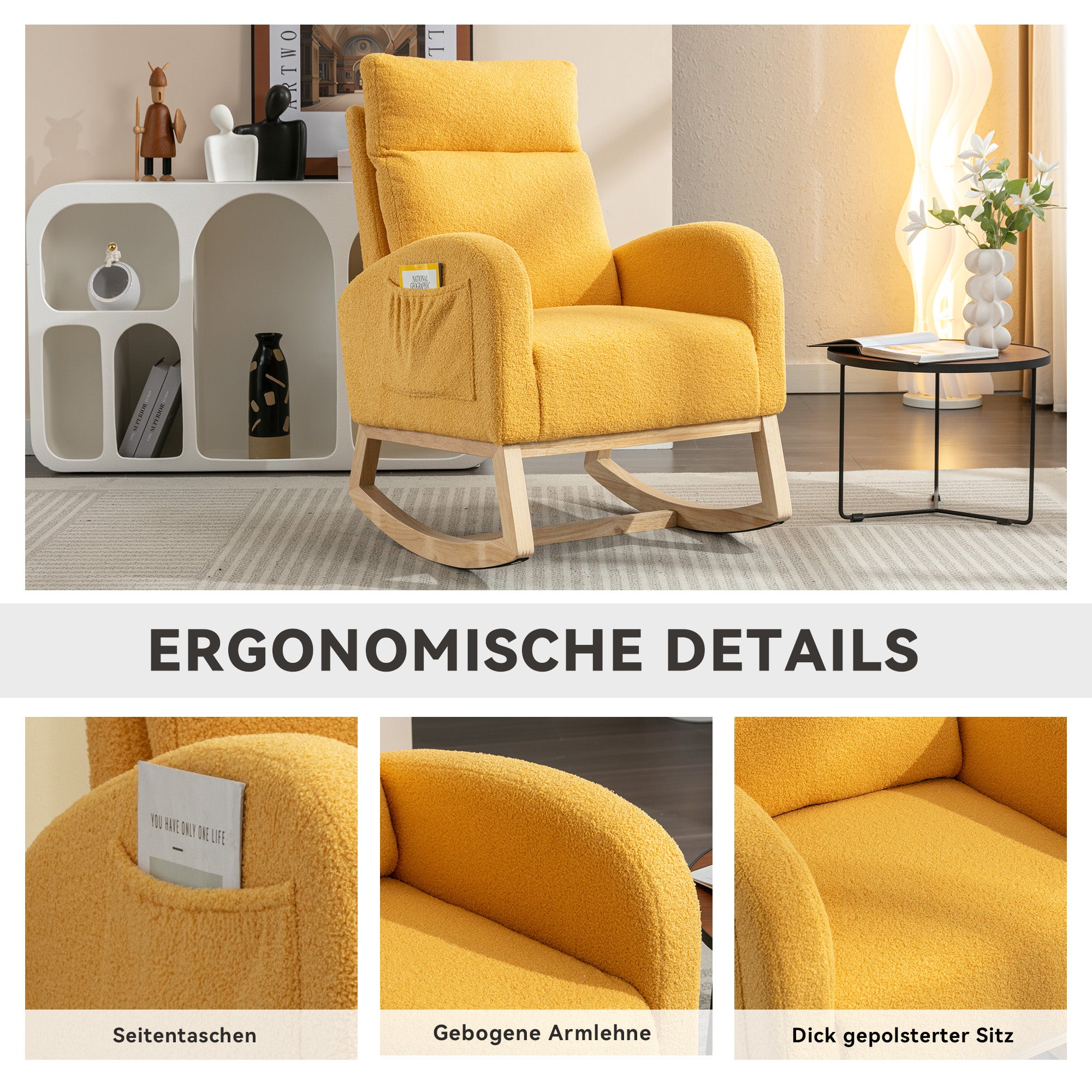 Rocking Chair, Mid-century Modern Upholstered with Padded Seat, Yellow