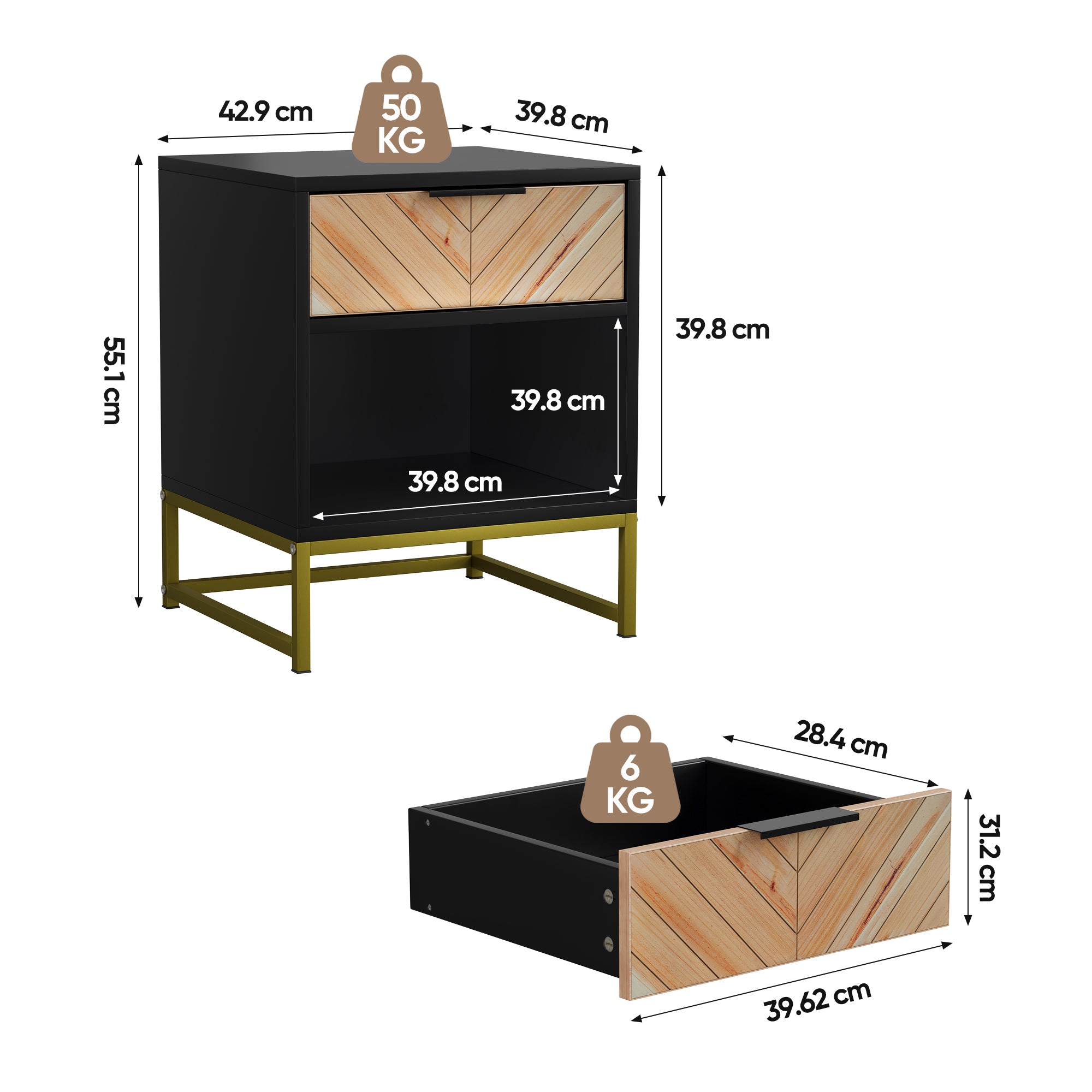 Modern Bedside Table with Drawer & Open Compartment 43x40x55 cm