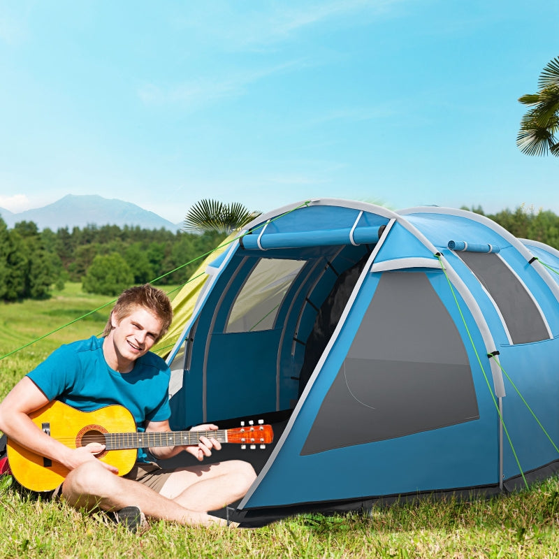 3-4 Man Tunnel Tent, Two Room Camping Tent with Windows, Portable Carry Bag - Blue