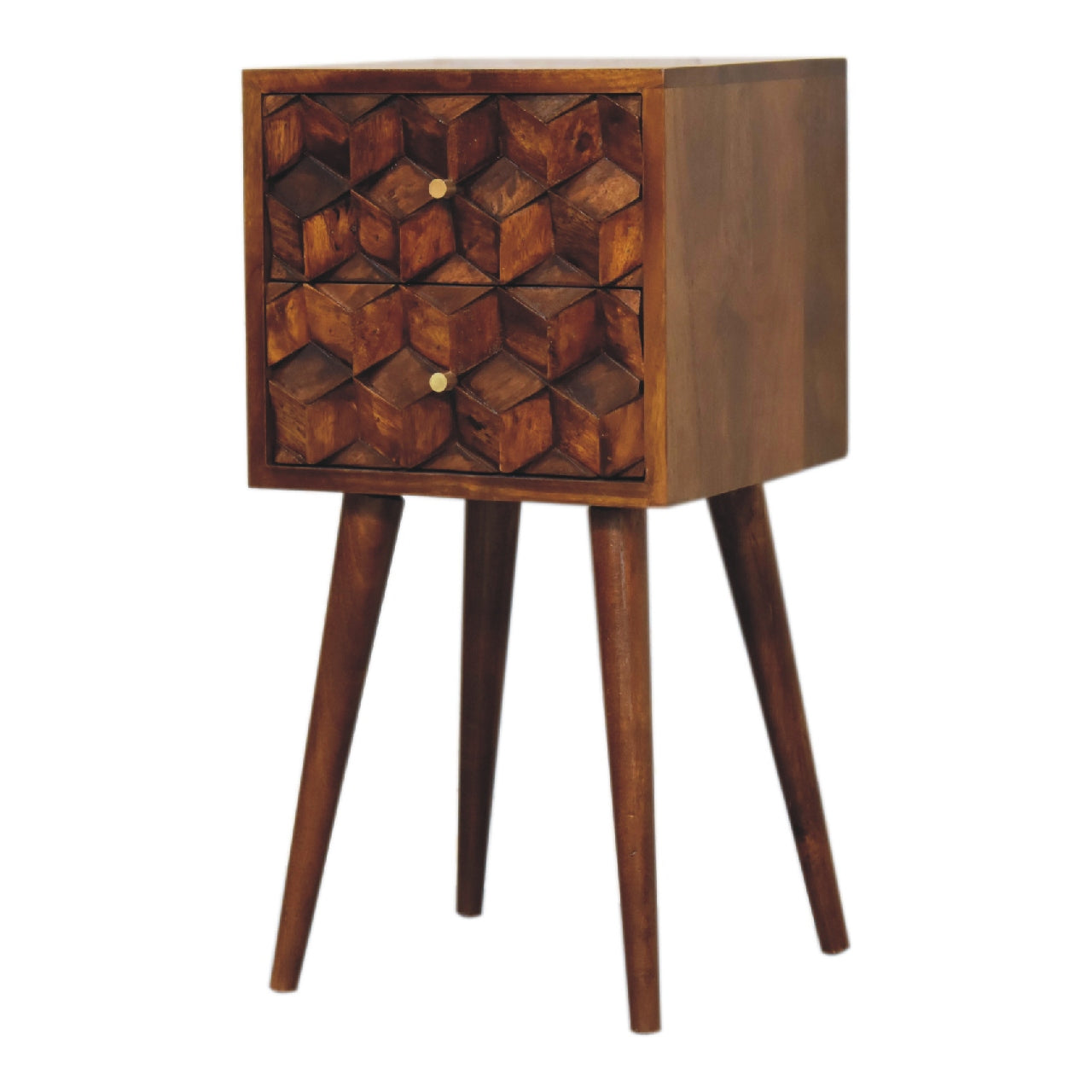 Solid Wood Mini Chestnut Cube Bedside, 2 Drawers, Dark Brown