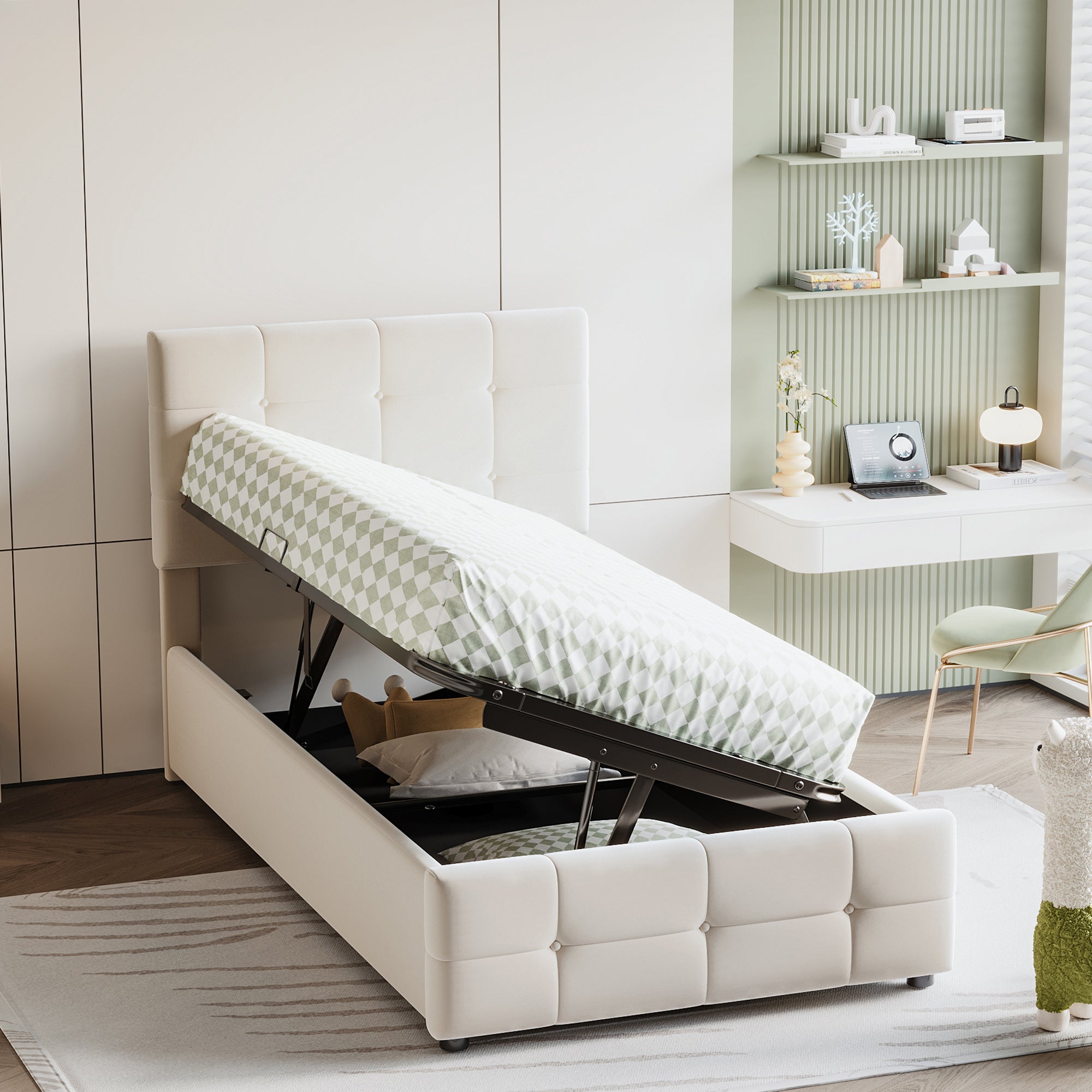 Upholstered Children's Bed 90x200cm, Hydraulic Storage, Adjustable Headboard, Velvet Beige