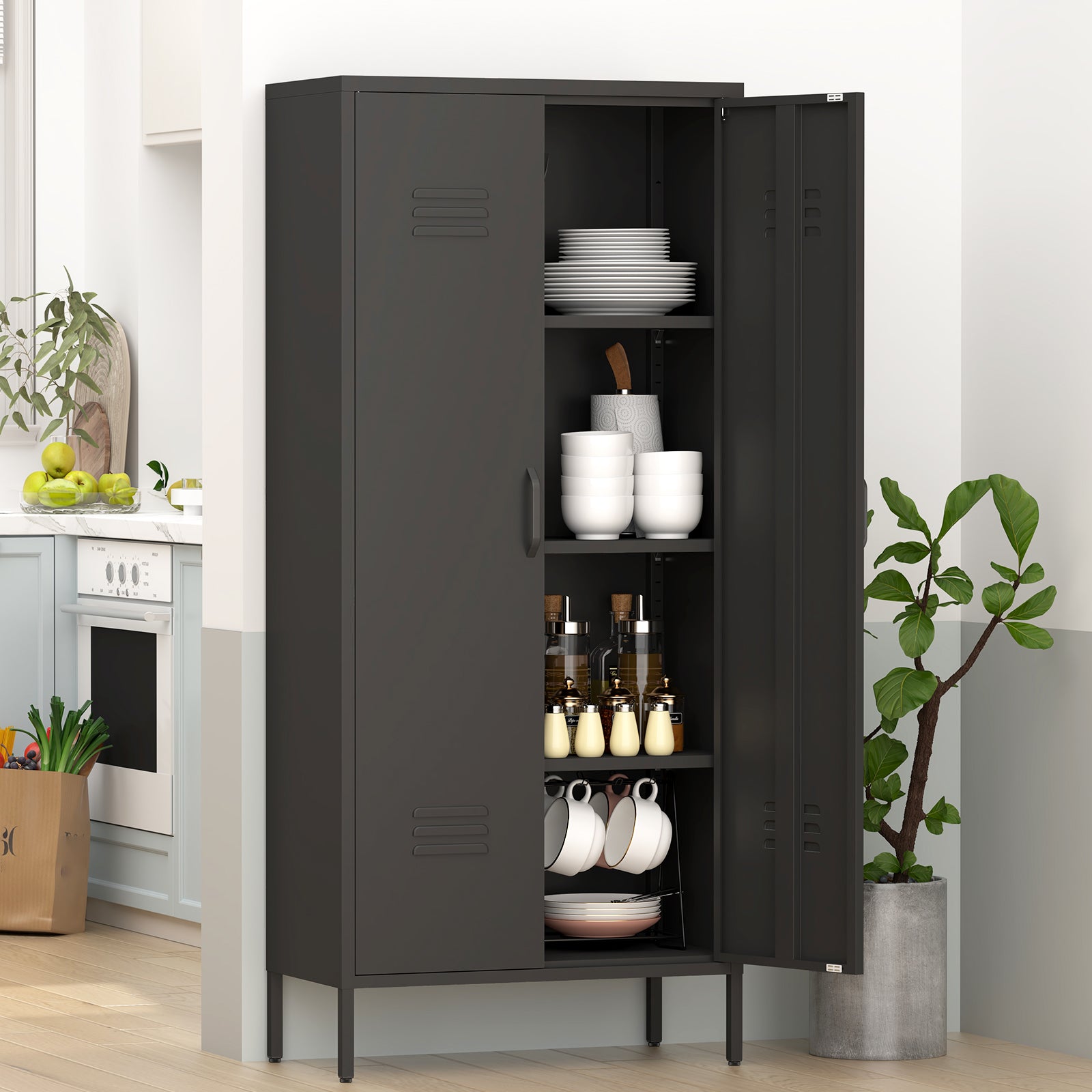 Metal Storage Cabinet with Doors and Adjustable Shelves, Black Metal