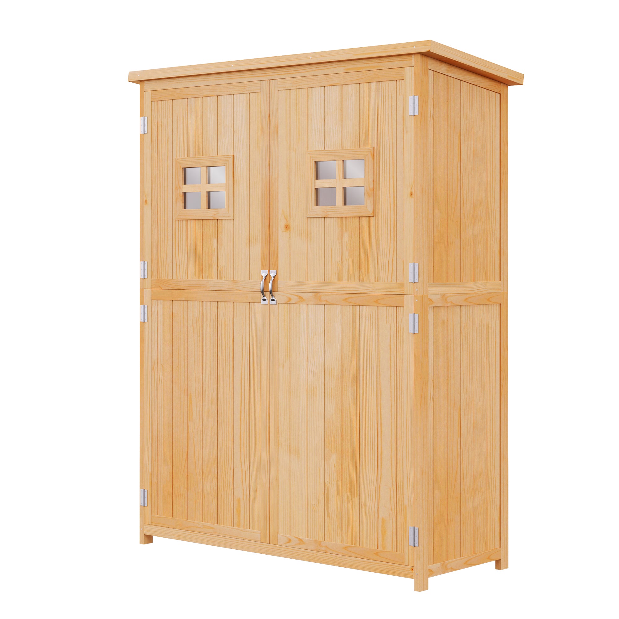 Wooden Garden Shed Tool Storage Cabinet Double Door Organizer, Natural