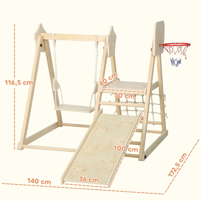 5-in-1 Indoor Climbing Frame with Slide, Swing and Basketball Hoop, Natural Wood