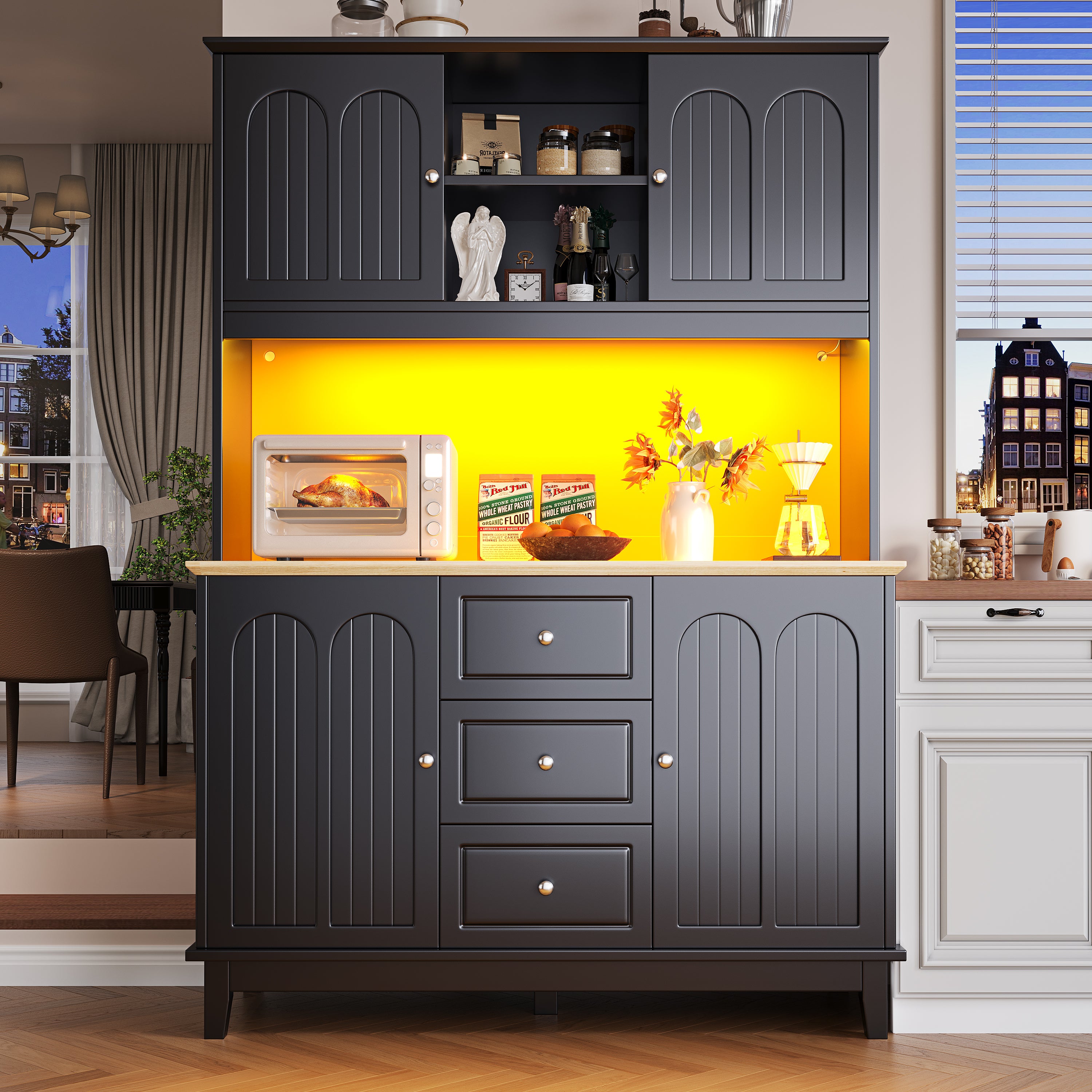Tall Cabinet 120x40x180cm LED App Control 4 Doors 3 Drawers - Black