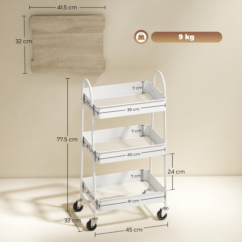 3-Tier Kitchen Storage Trolley, On Wheels Covered Top Board, White and Oak