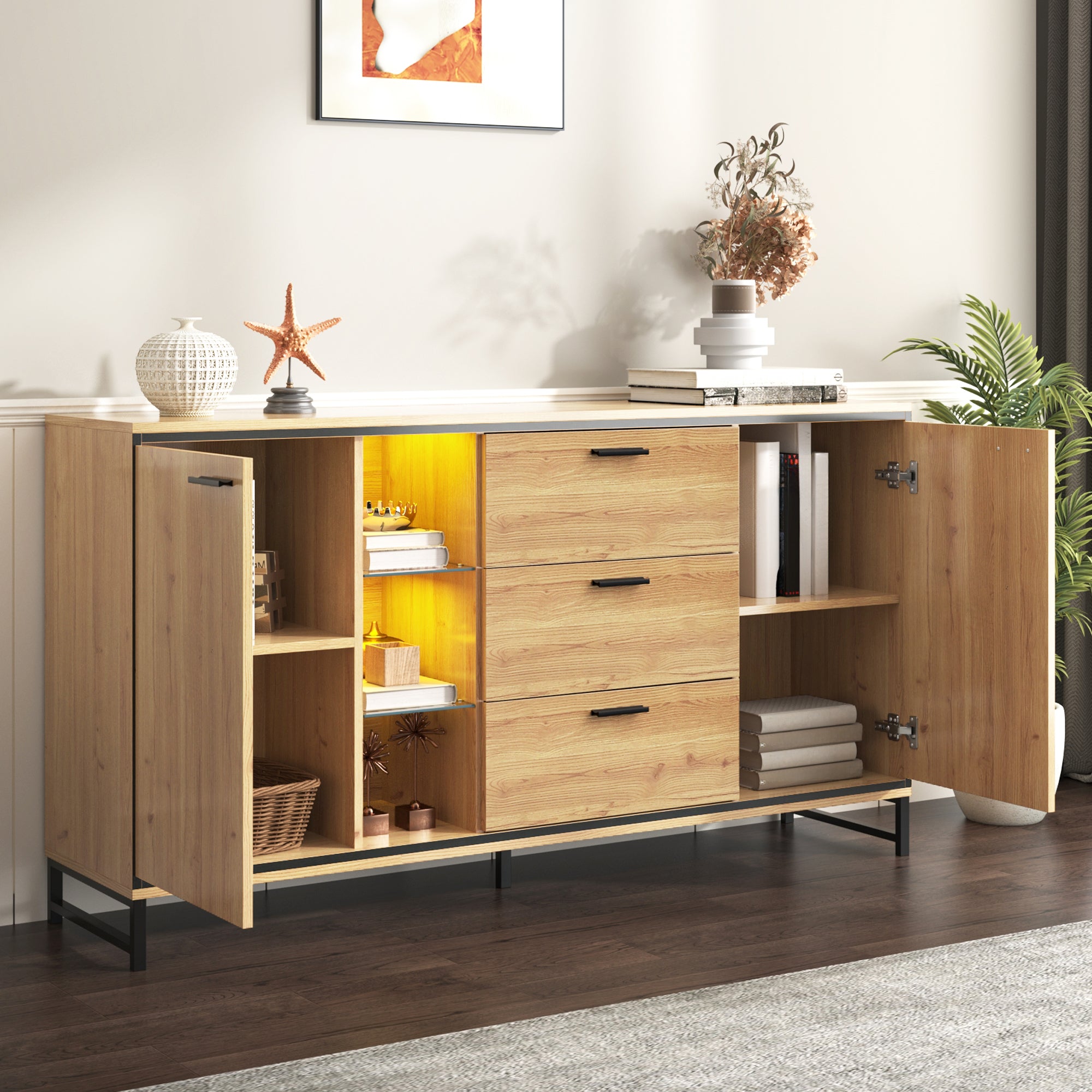 Sideboard with Three Drawers, Storage Compartments, Black and Wood Color