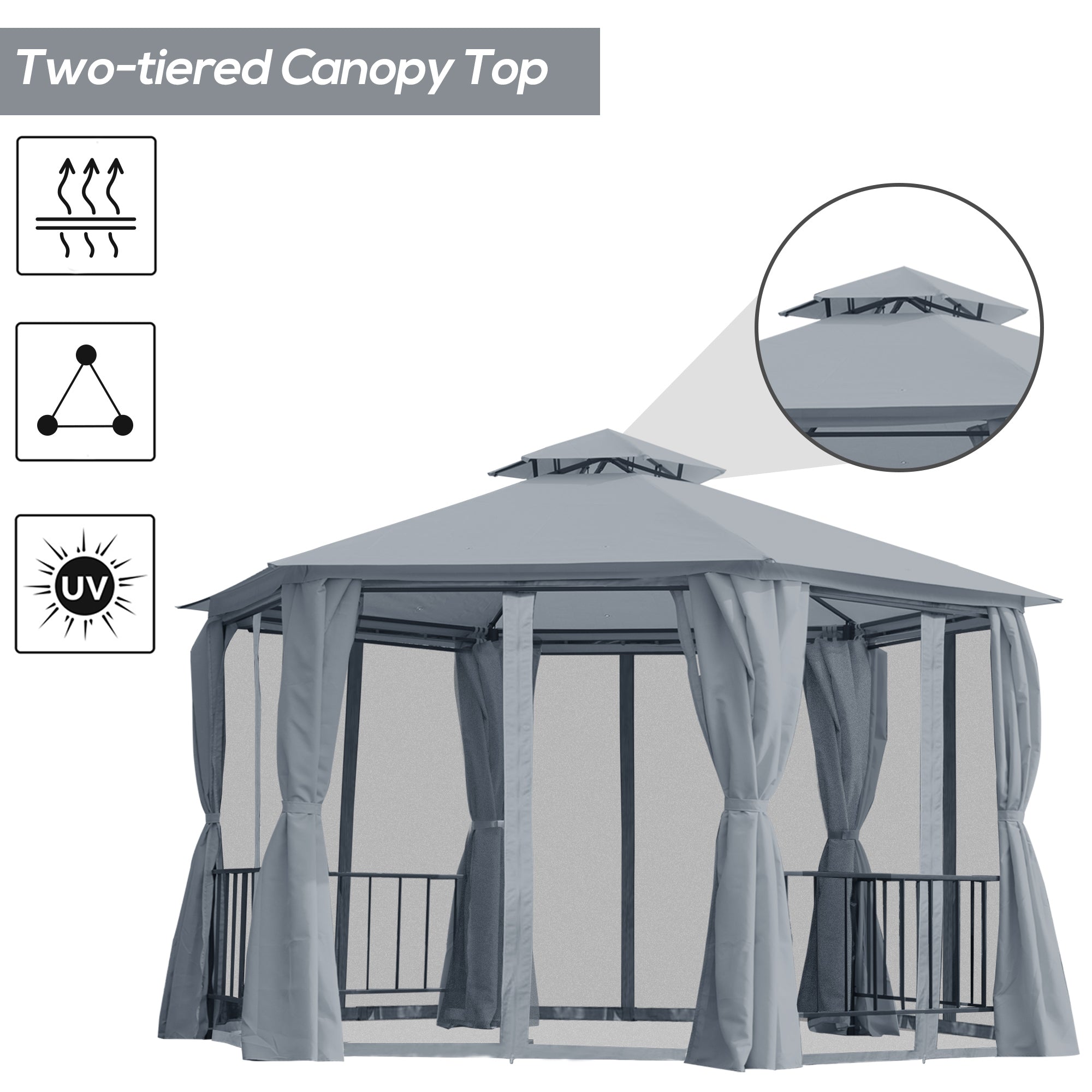 Hexagon Gazebo Patio Tent 3x3m w/ 2 Tier Roof & Side Panel - Grey