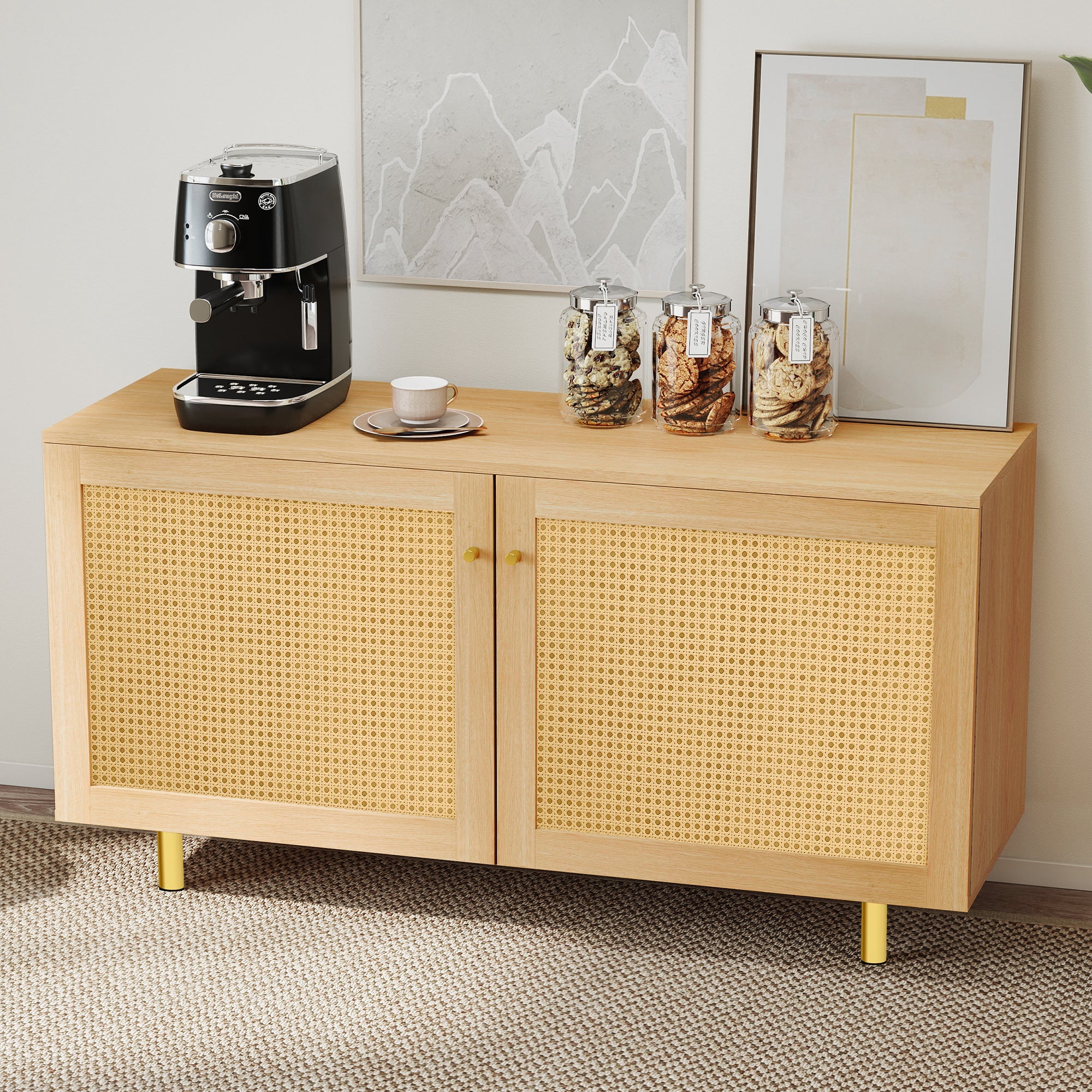 Wicker Sideboard Double-Door Storage Cabinet 120cm Natural Wood Look