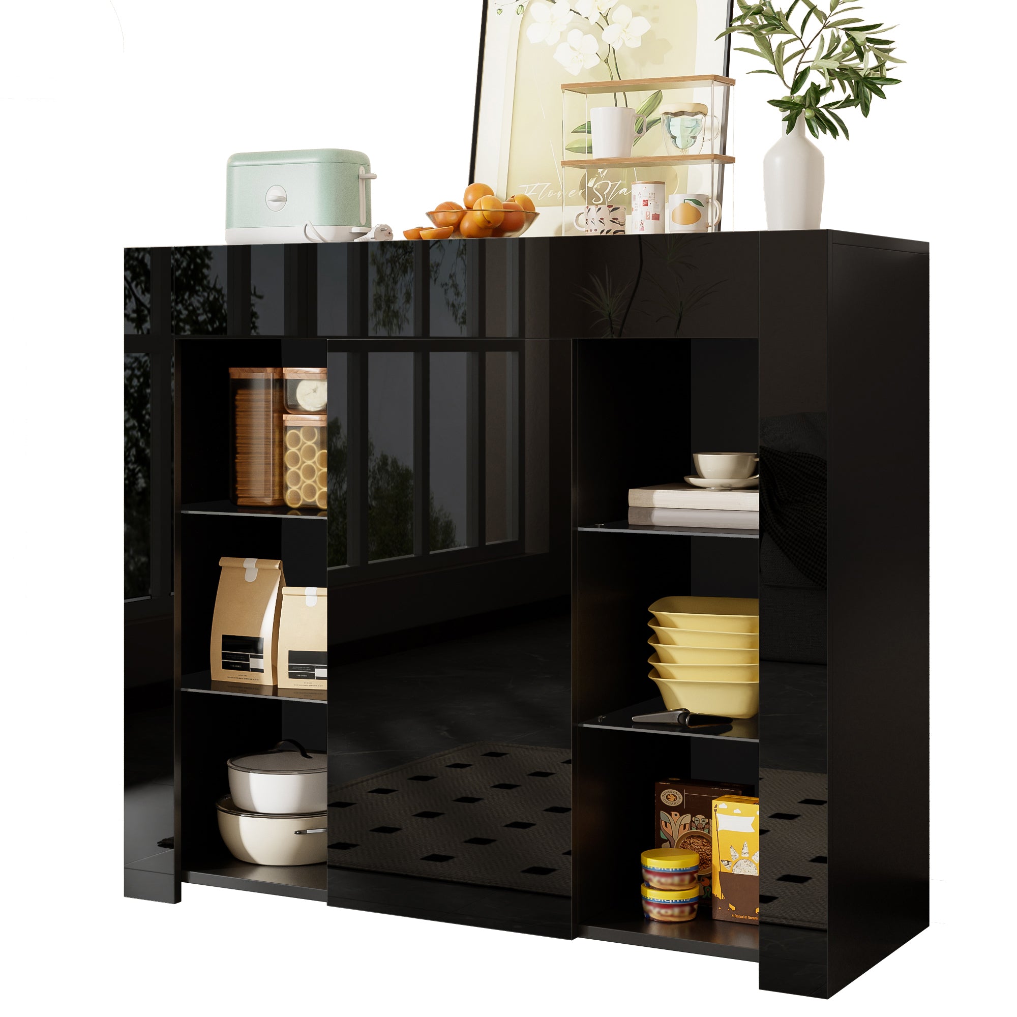 Buffet Cabinet, Compact Storage with Glass Shelves and Door, Black High-Gloss